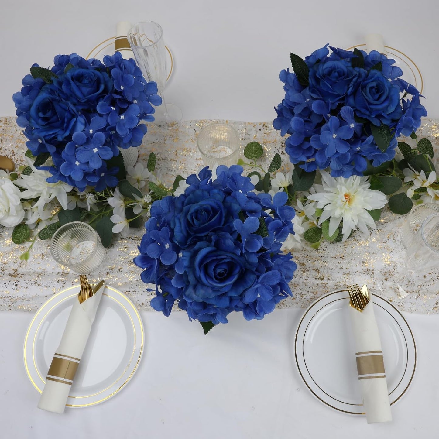 Flower Table Centerpieces - Set of 6 Floral Arrangement Artificial Wedding Hydrangeas Floral Arrangement with Rustic Metal Vase for Bridal Tea Party Event Decorations - Royal Blue