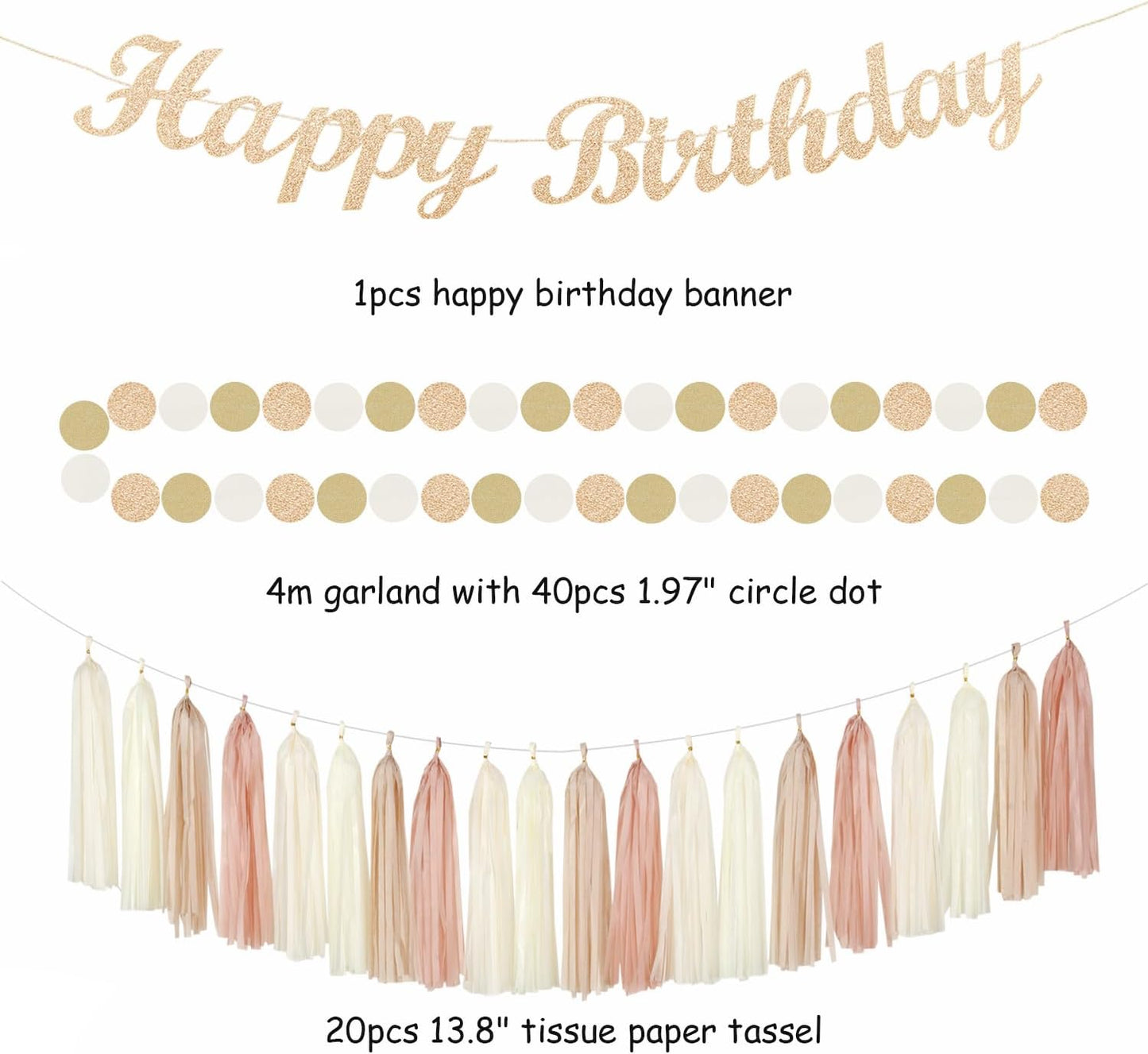 Champagne-Gold Beige 21st Happy-Birthday Party-Decorations - 31pcs Sweet 16 18th Women Girls Paper Lanterns Streamers Banner,Tissue Pom Poms Fans Tassels Graland Decor,Fall Boho Rose Backdrop Hugmoon