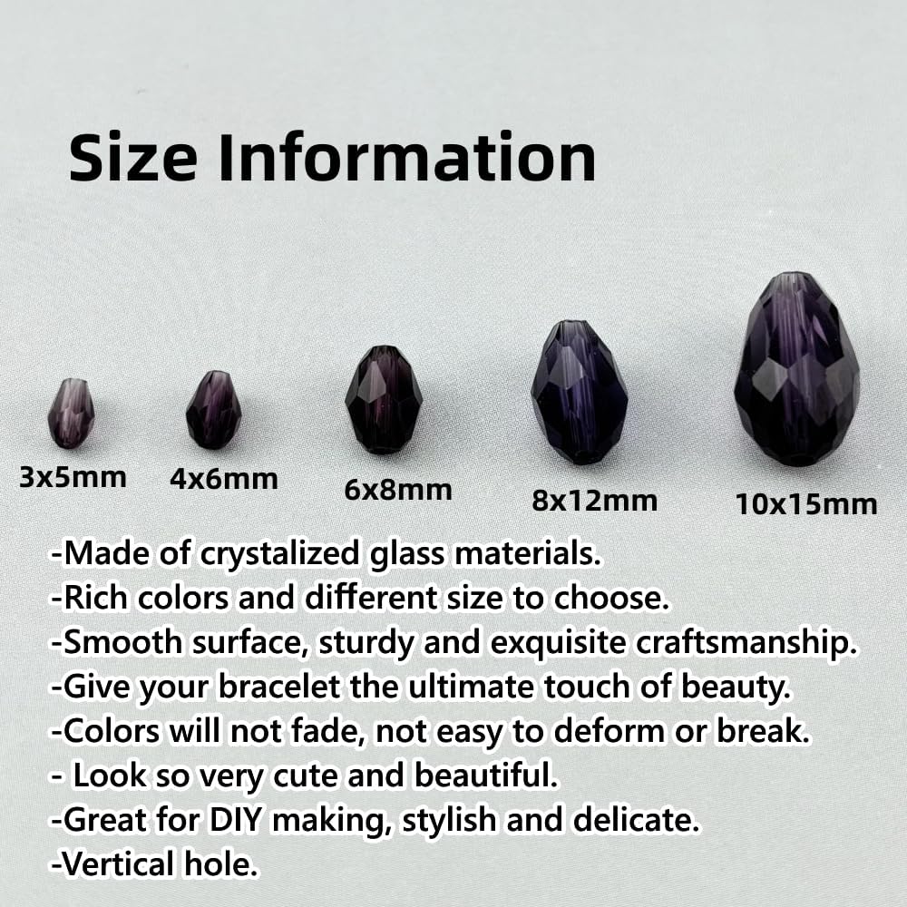 130pcs 6x8mm Teardrop Crystal Glass Beads for Jewelry Making, Faceted Vertical Hole Teardrop Glass Spacer Beads for Wind Chimes Bracelet Earring Necklace DIY Craft(Violet)