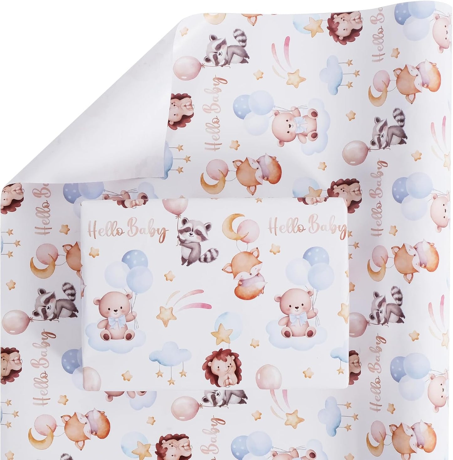 Aimyoo Baby Shower Wrapping Paper Roll - 17 Inch x 16.4 Feet - Cute Animal with Hello Baby Letter Design Perfect for Boys Girls, Birthday, Party