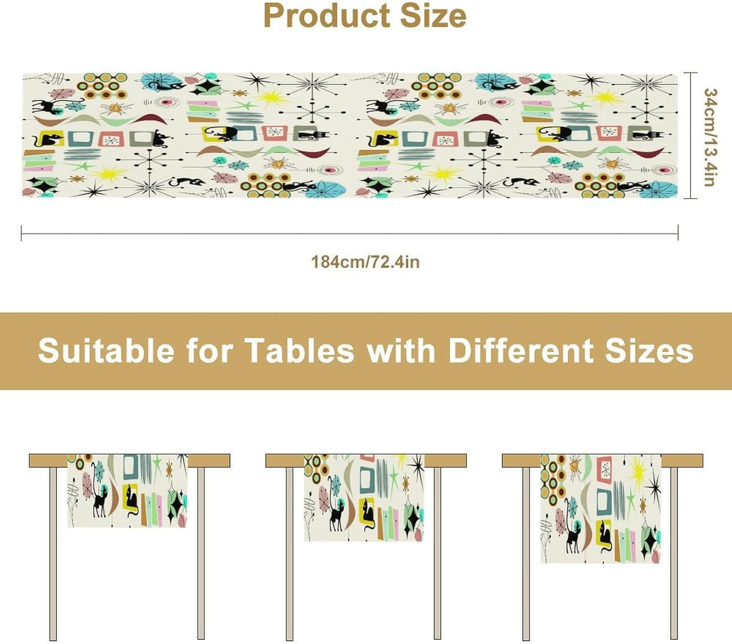 Colorful Geometric Table Runner,Vintage Mid Century Cute Cat Abstract Morden Print Tablecloth Burlap for Hotel Indoors Outdoor Dining Room Kitchen Home Decor, 13x70in