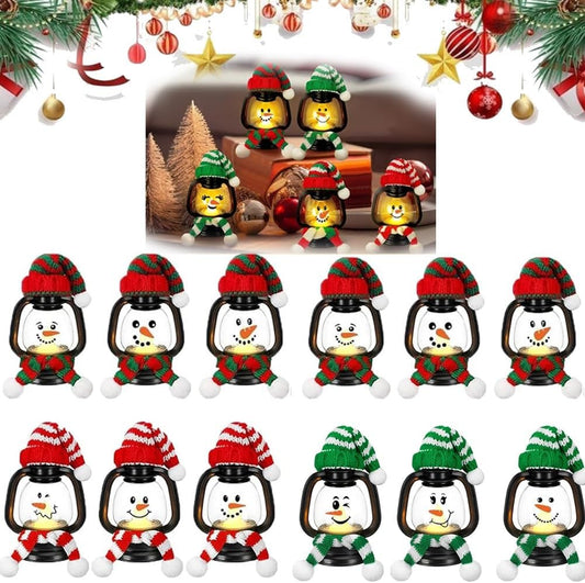 Mini Snowman Lantern with Hats and Scarves, Mini Candle Christmas Snowman Lanterns Decoration, Small Winter Portable Tabletop Centerpiece for Holiday Party Favor(12pcs)