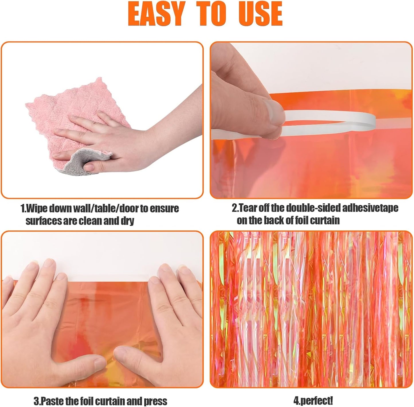 CANREVEL 2 Pack 3.2x6.5 Feet Iridescent Foil Fringe Backdrop Curtains, Clear Orange Tinsel Photo Booth Props Streamers Party Decorations for Birthdays Fall, Thanksgiving, Basketball Party