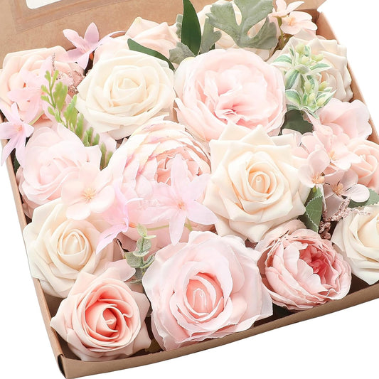 Floroom Cream Blush Artificial Flowers Fake Roses Peonies and Greenery Combo Box Set for DIY Pink Wedding Bouquets Bridal Shower Centerpieces Floral Arrangements Party Tables Home Decorations