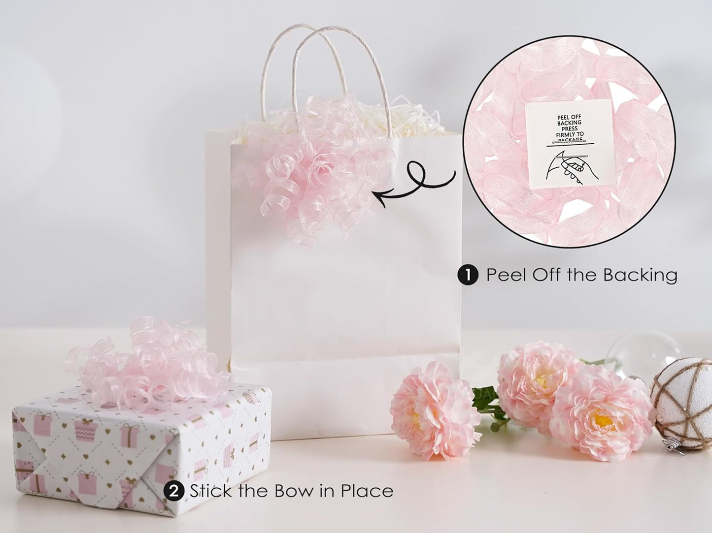 HUIHUANG Pink Bows for Gift Wrapping Pink Curly Gift Bows 5 inch x 8 Counts Self-Adhesive Curly Ribbon Bow for Presents, Paper Bag, Baby Shower Favors, Wrapping Accessories, Party Decor