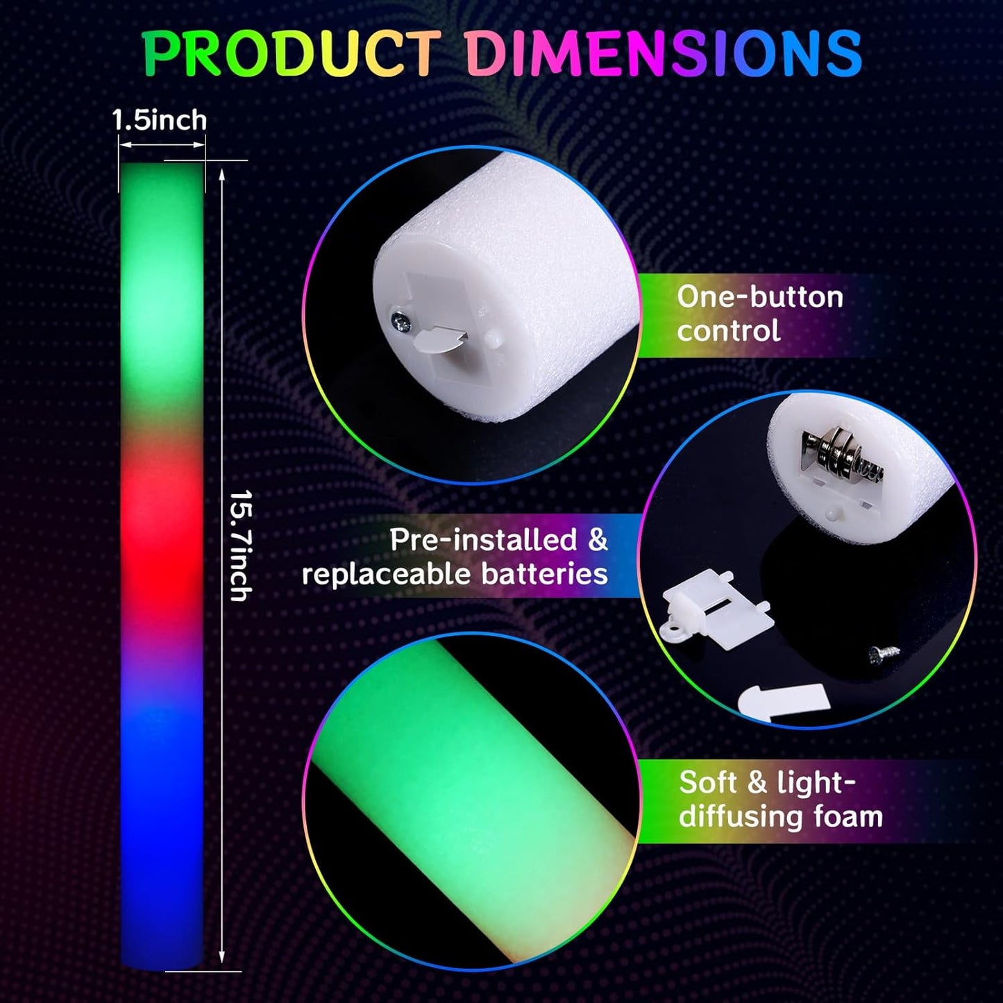 AOWDIAO 45 Pcs 16″ Foam LED Glow Sticks, 3 Light Up Modes, Party Favors for Wedding, Festival & More