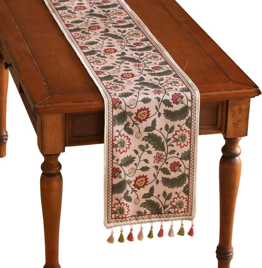 ISAENNE Designer Provence Elegant Linen Table Runner 87 Inches Long,Flower and Leaves Pattern Durable Table Runners for Dining Tables,Thanksgiving,Kitchen Tables,Christmas,12"*87"-Ratina