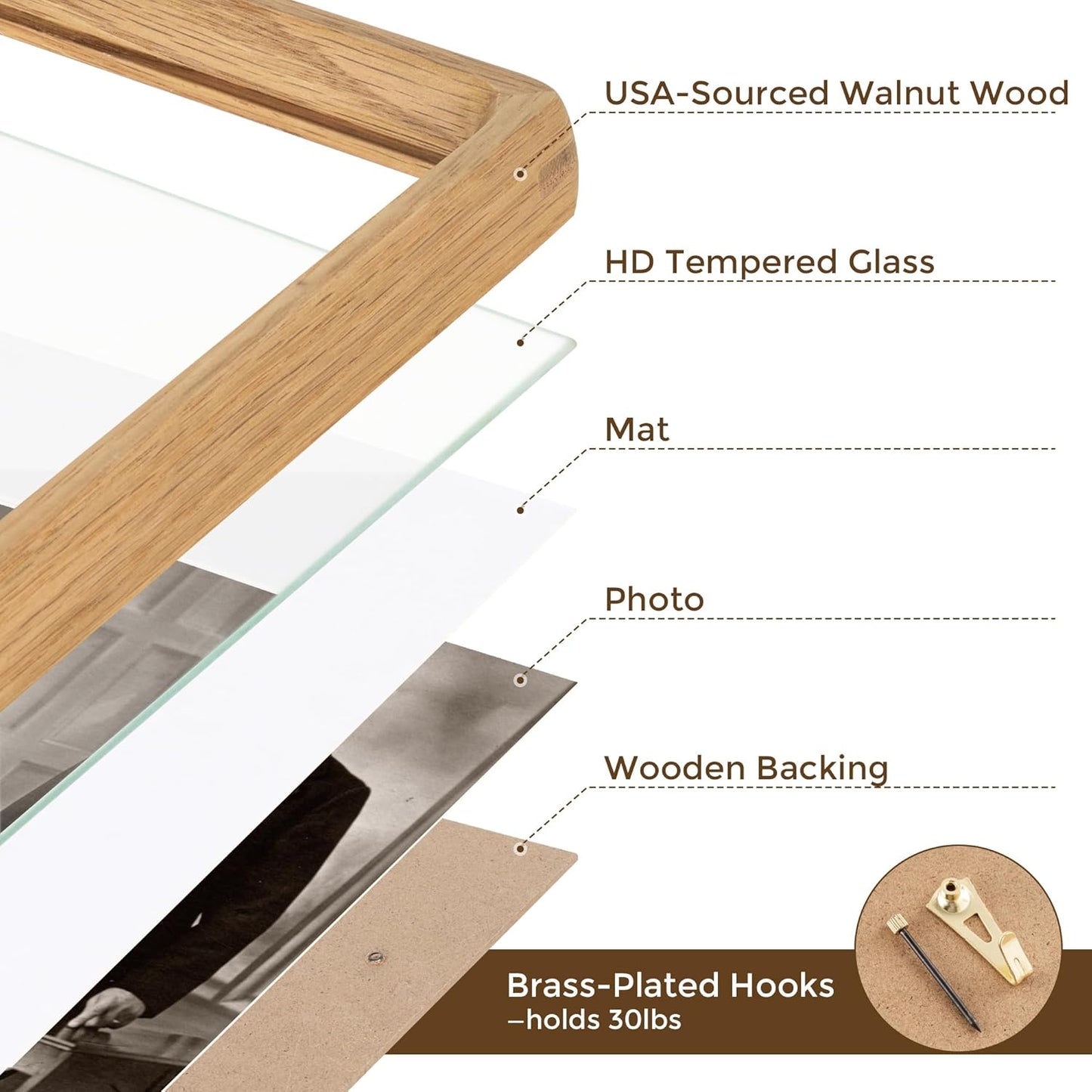 8.5x11 Picture Frame USA-Sourced Natural White Oak Wood Solid Original Wood Photo Frame Handcrafted Rounded Corner with Mat to 6x8 Picture Display with Real Glass Famil Photo, Certificate