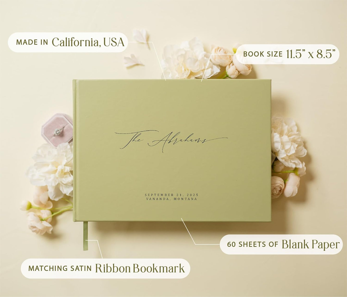 MUUJEE Personalized Guestbook in Sage - Premium Custom Modern Guest Book for Wedding Reception, Birthday Party or Events w/Bookmark Blank Pages for Signing 11.5 x 8.5 inches