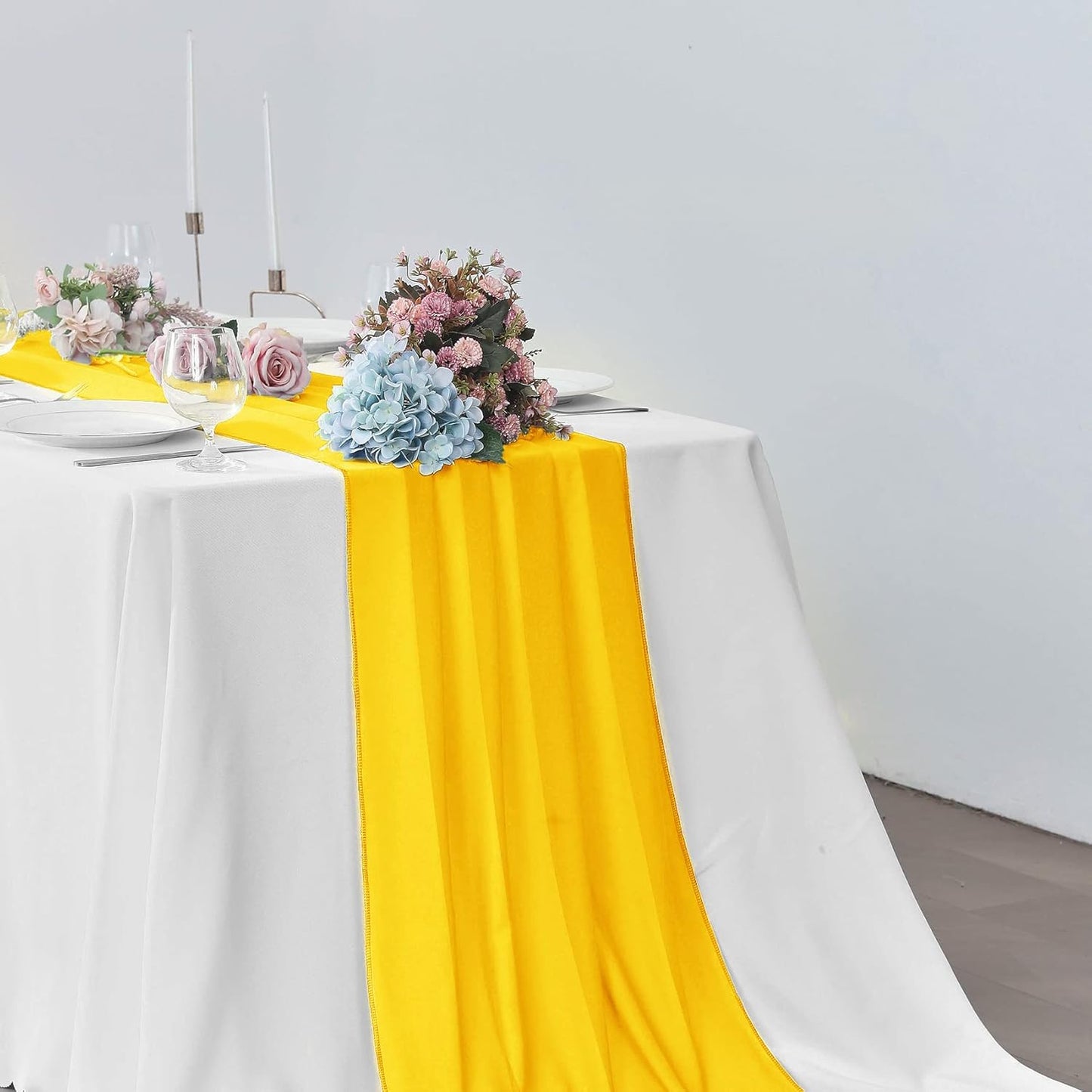 5 Pack 10Ft Chiffon Yellow Table Runner Sheer 29x120 Inch for Romantic Wedding Decor Bridal & Baby Shower Birthday Rustic Party Decoration