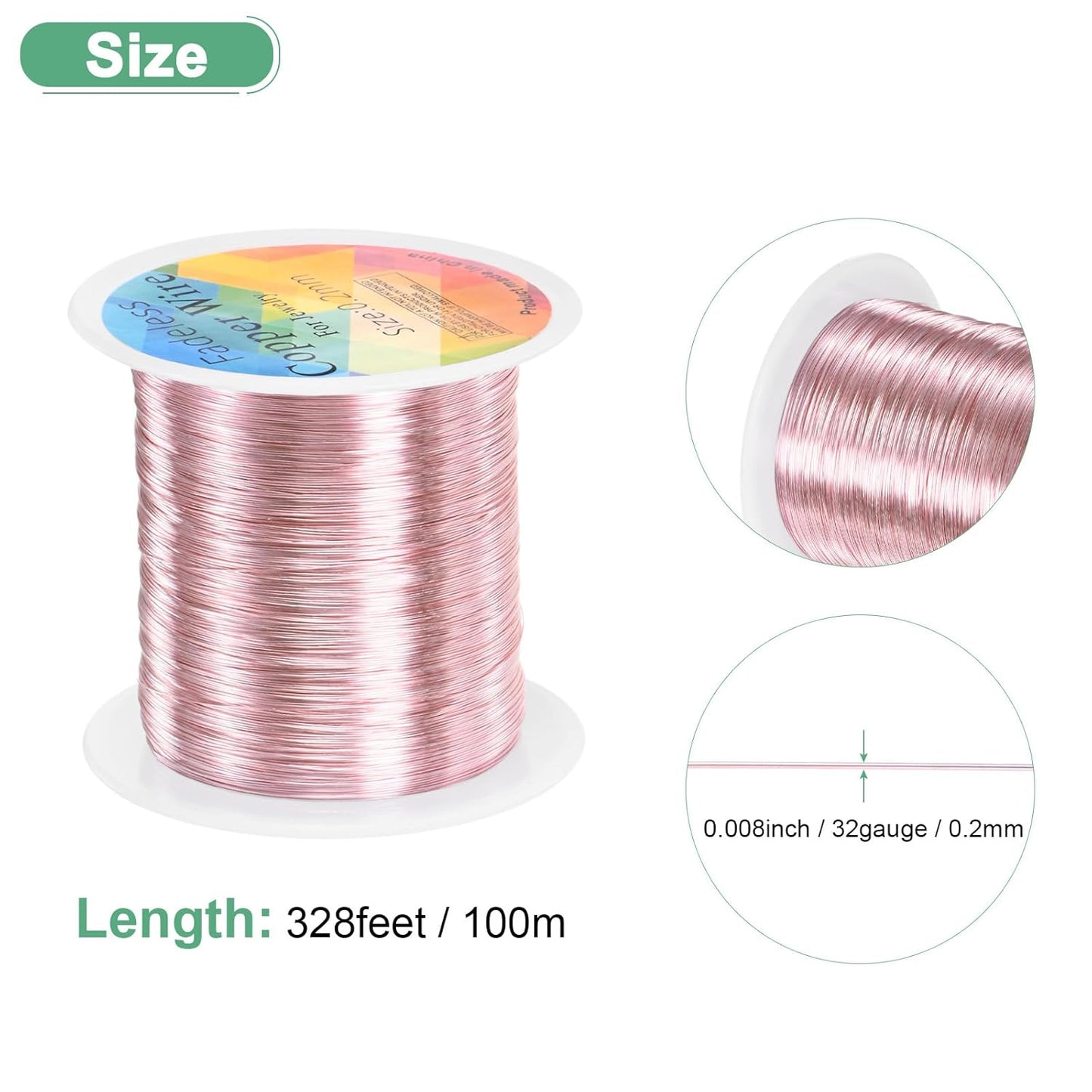 0.2mm Jewelry Wire, 32 Gauge 328FT Craft Wire Copper Beading Wire for Jewelry Making/Planting/Weaving/DIY Crafting, Soft Metal Wires [100M, Rose Golden]