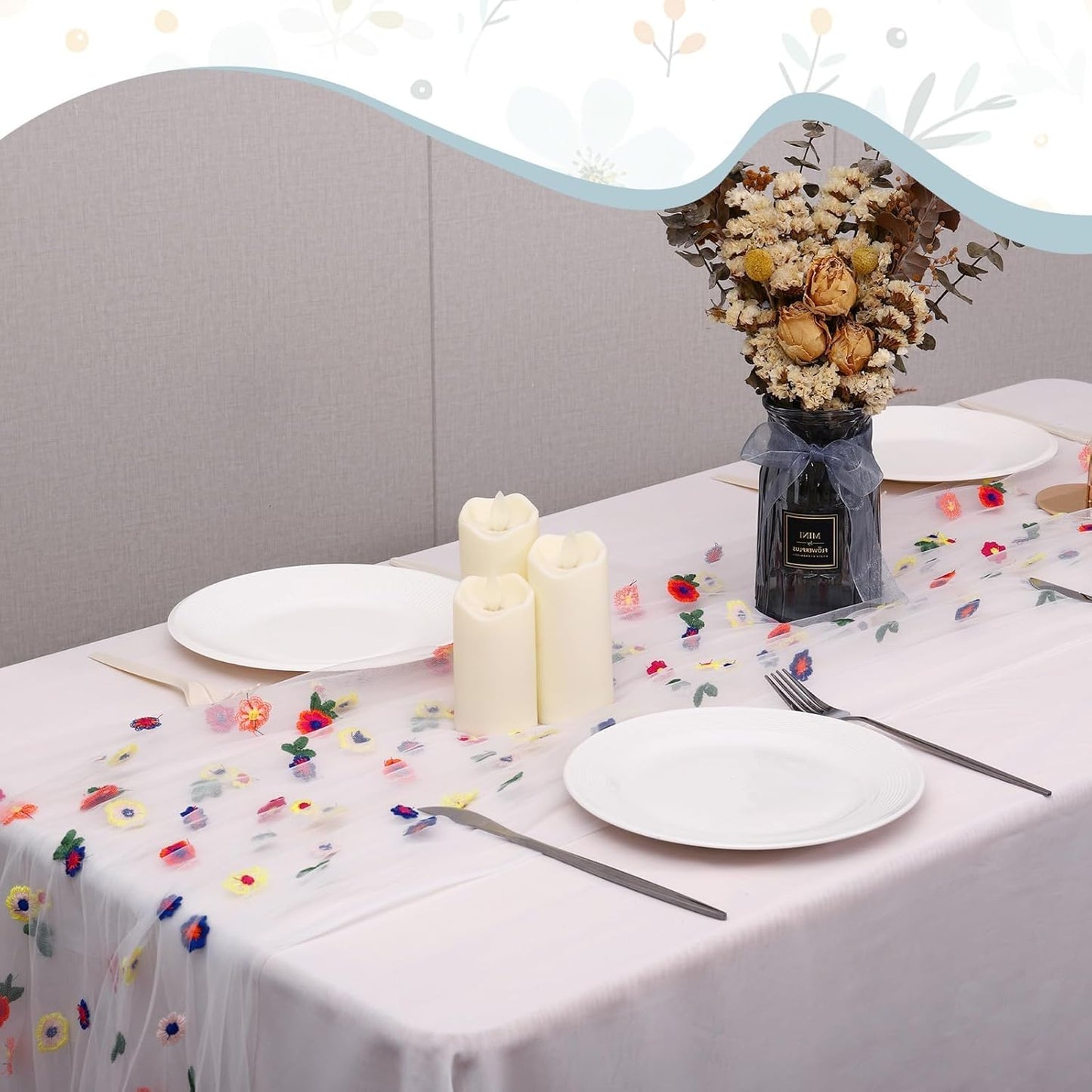 6PCS Lvory Floral Table Runner 10 FT, Embroidery Daisy Table Runners Seasonal Sheer Tulle Table Runner for Thanksgiving Wedding Birthday Baby Shower Party ﻿