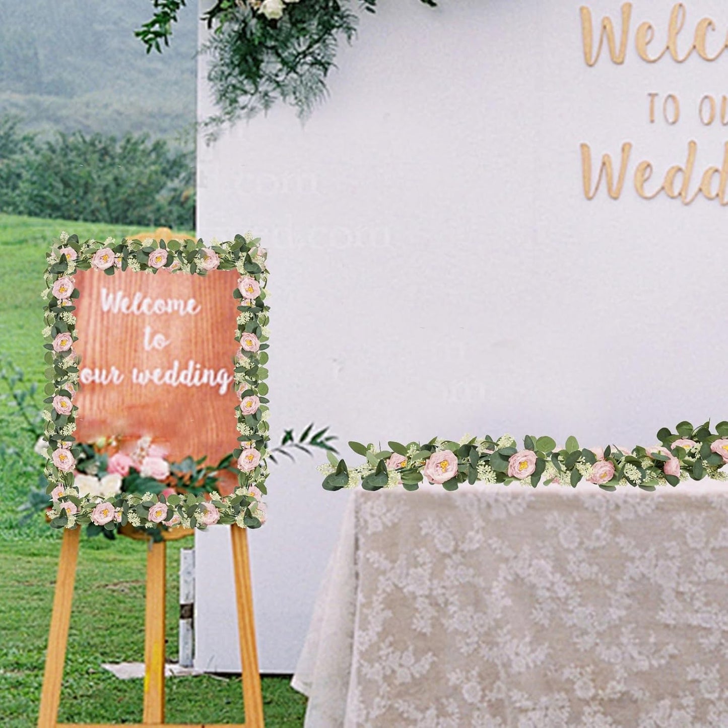 MAKHOT 2 Pcs Pink 6.6Ft Artificial Eucalyptus Flower Garland with Fake Rose Flower Vine Seeded Eucalyptus Leaves Greenery Garland for Wedding Table Backdrop Party Centerpiece Room Decor (Pink)