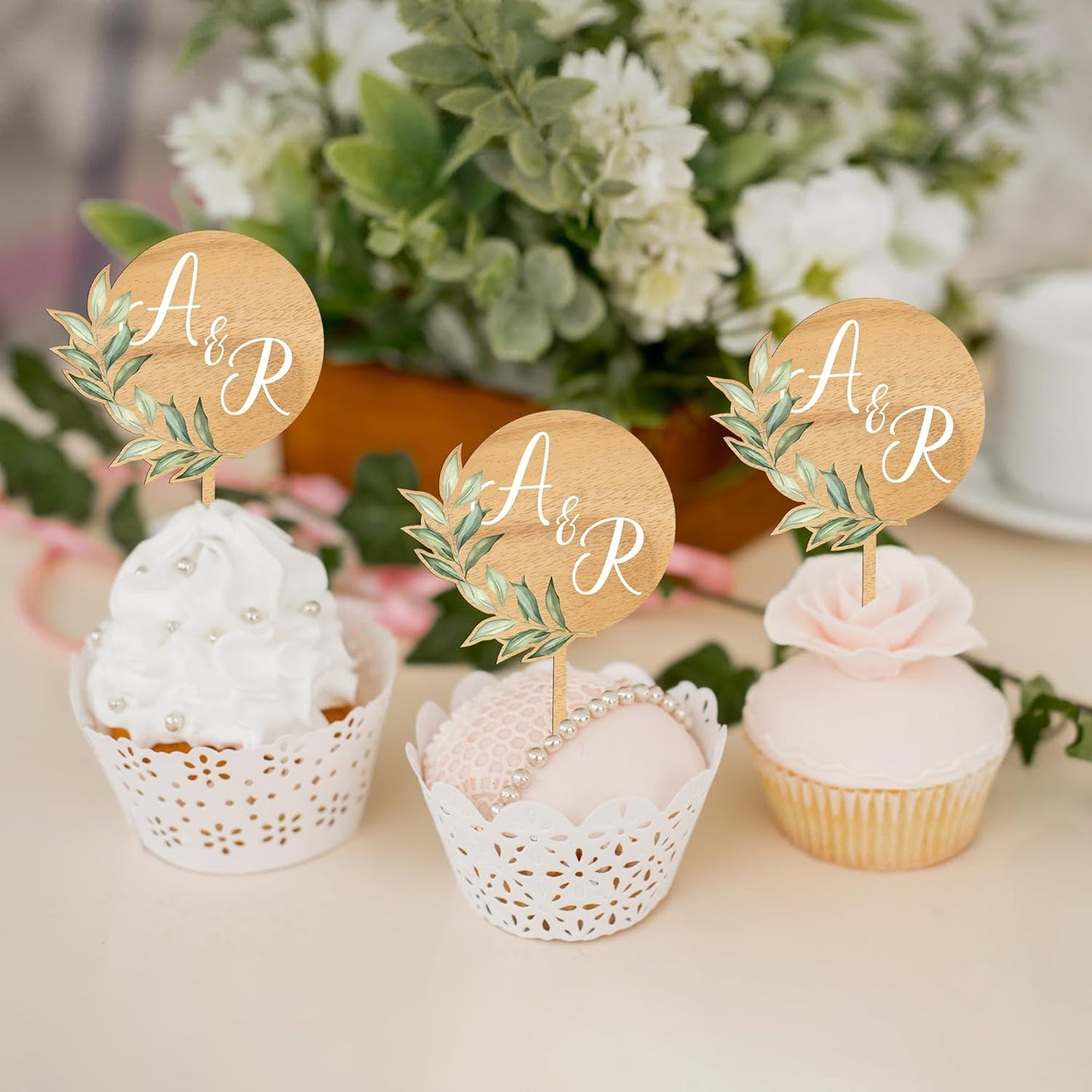 Custom Wedding Cupcake Toppers Personalized Cake Cupcake Decorations in Wood (36 PCS)