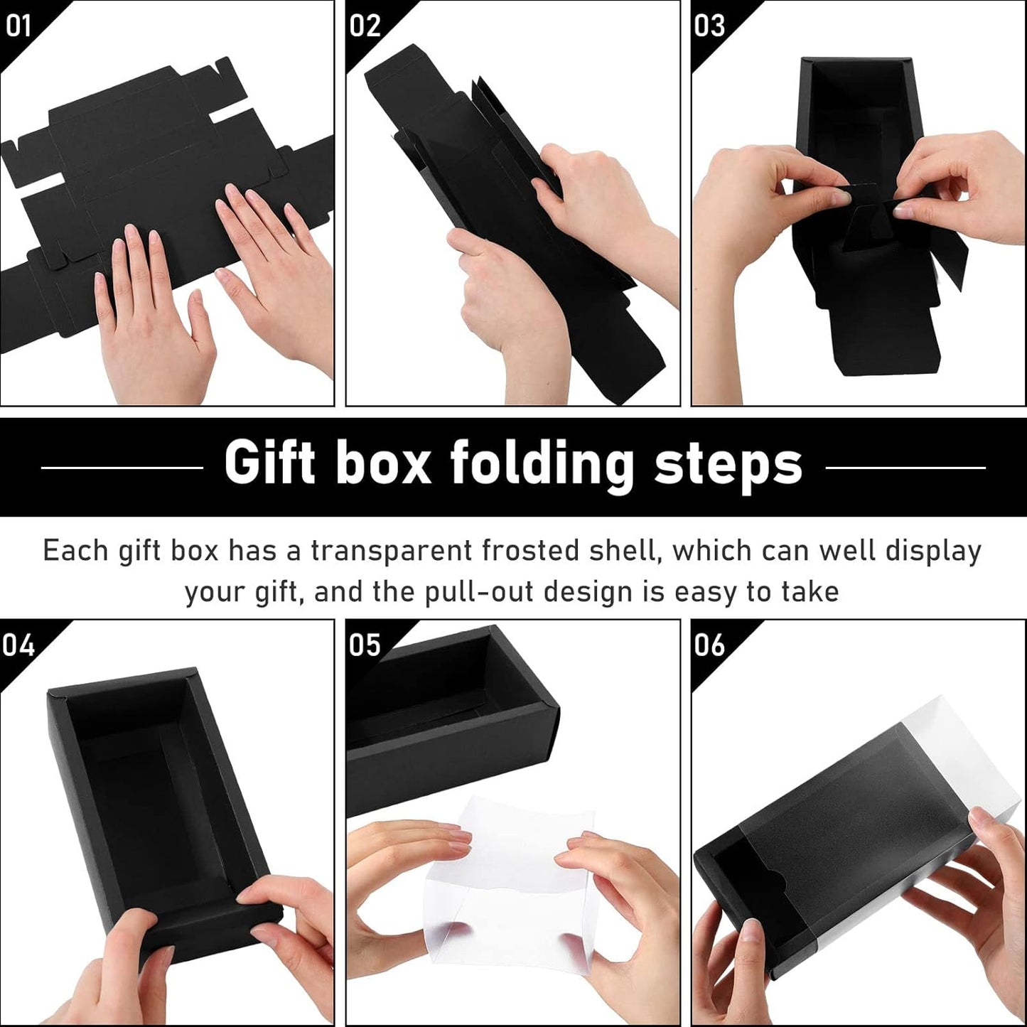 Roowest 50 Sets Kraft Gift Boxes Rectangle Kraft Paper Drawer Box with Window Homemade Soap Box with Blank Tags and Jute String for Jewelry Candy Wrapping Party Favor(Black, 6.3 x 3.5 x 2 Inch)