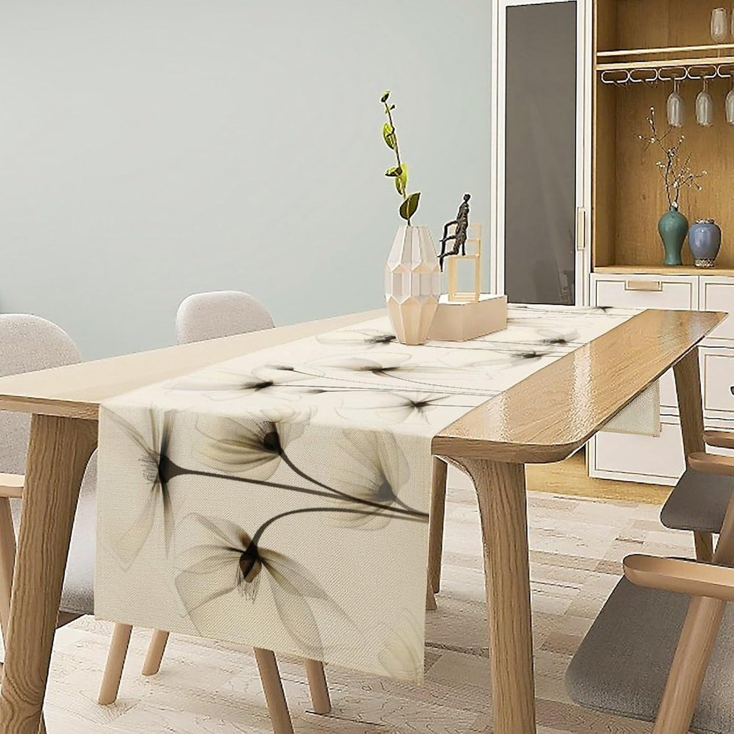 Abstract Floral Table Runner, Watercolor Transparent Beige Poppy Flowers Print Kitchen Dinning Table Runner for Indoor Outdoor Home Wedding Party Holiday, 13x60 Inch