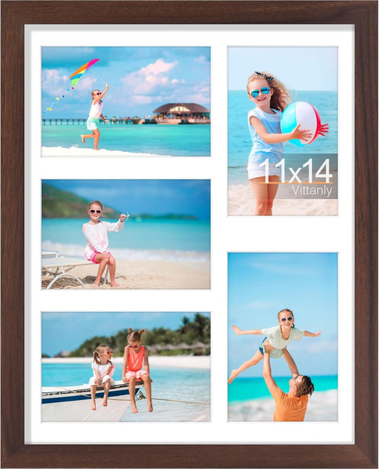 Vittanly 11x14 Collage Picture Frame, Displays 5Pcs 4x6 Pictures with Mat, Picture Frames Collage Wall Decor, Brown, 1 Pack