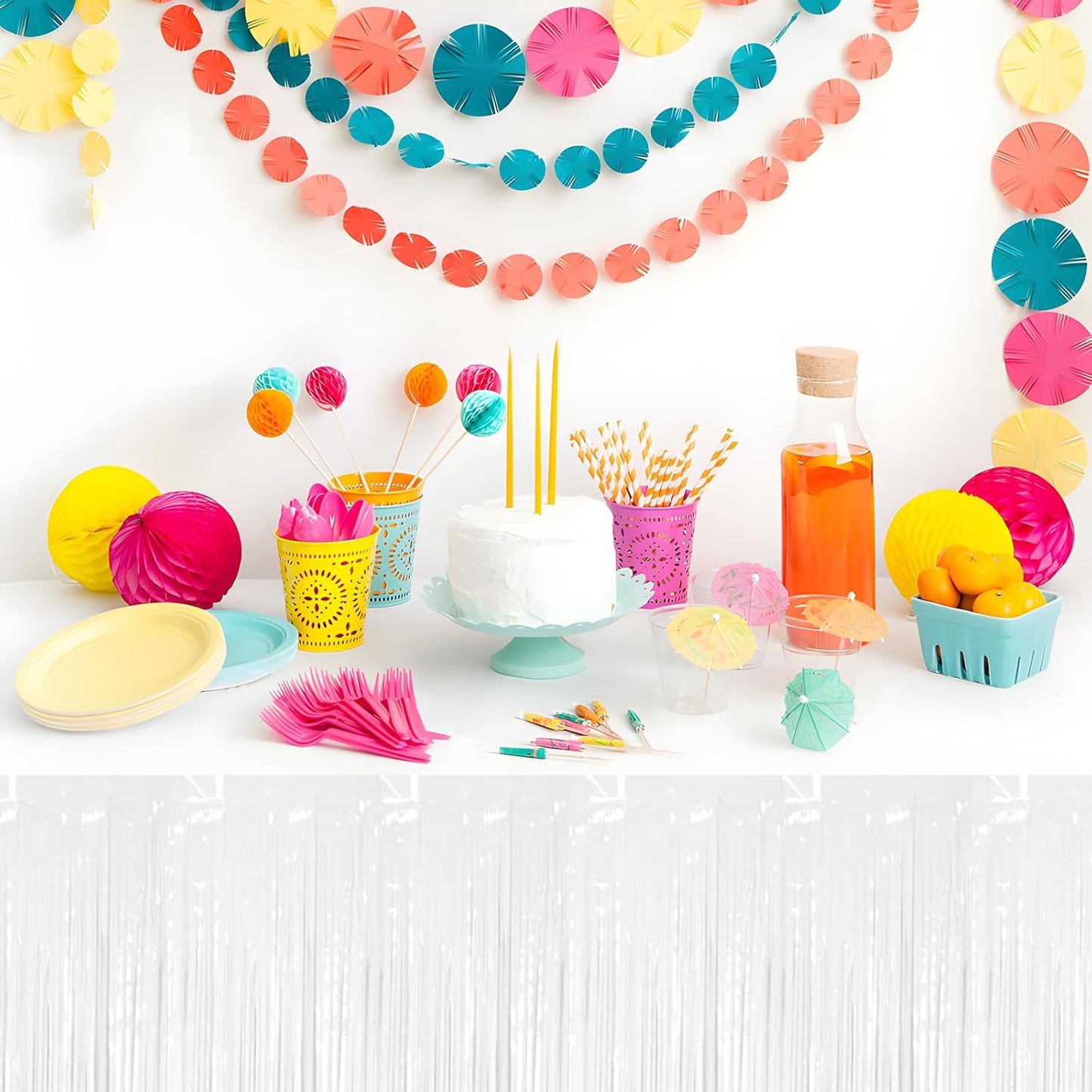 3 Pack 29x108 Inch Macaron White Foil Fringe Table Skirts Metallic Banner for Tinsel Streamer Garland Backdrop for Parade Floats Wedding Thanksgiving Birthday Christmas Halloween Party Decoration