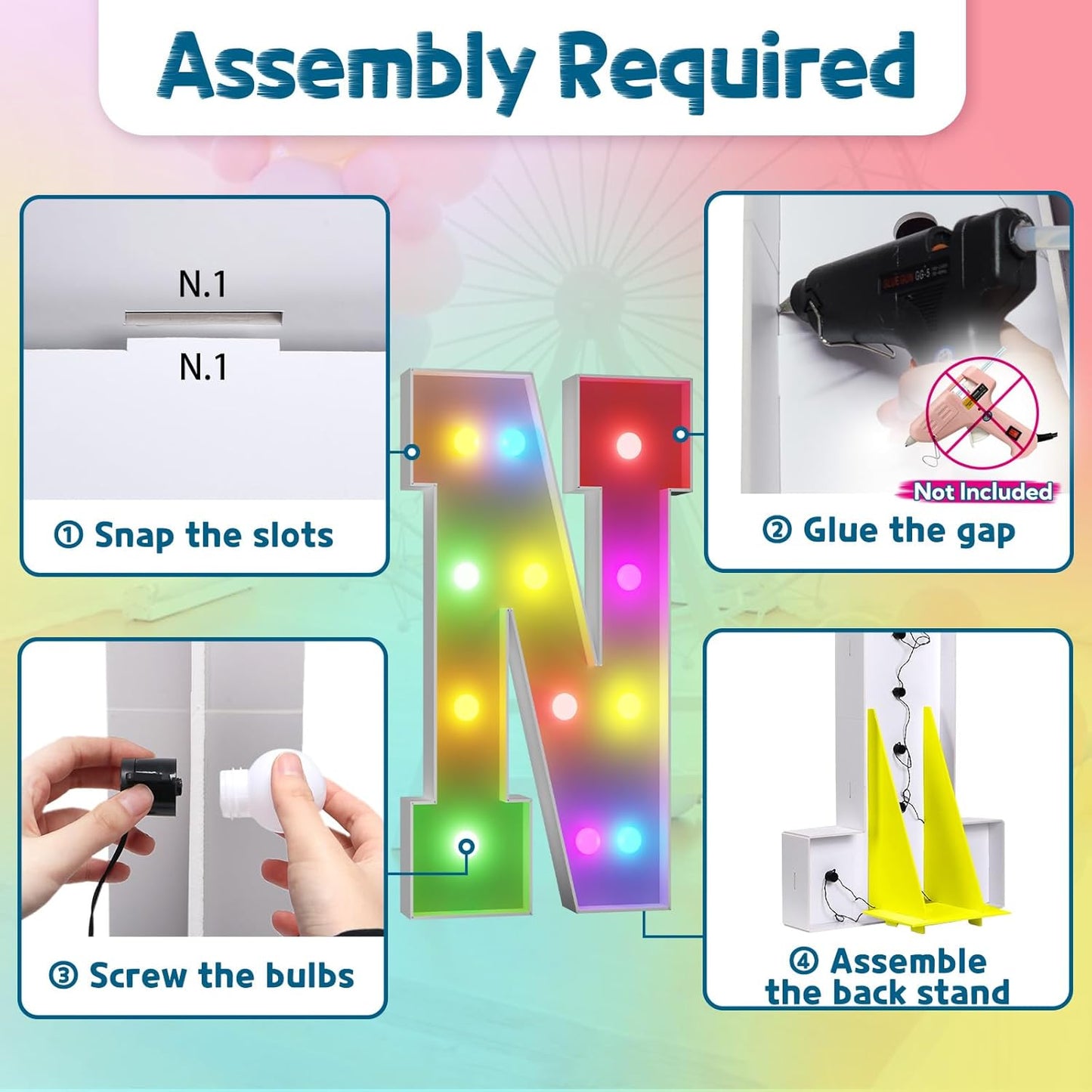 imprsv 4FT Colorful Marquee Light Up Letters N, 18 Colors Large Light up Letters Alphabet Sign with Remote, Large Marry Me Sign, Birthday Party Decorations Baby Shower Anniversary Wedding Decoration