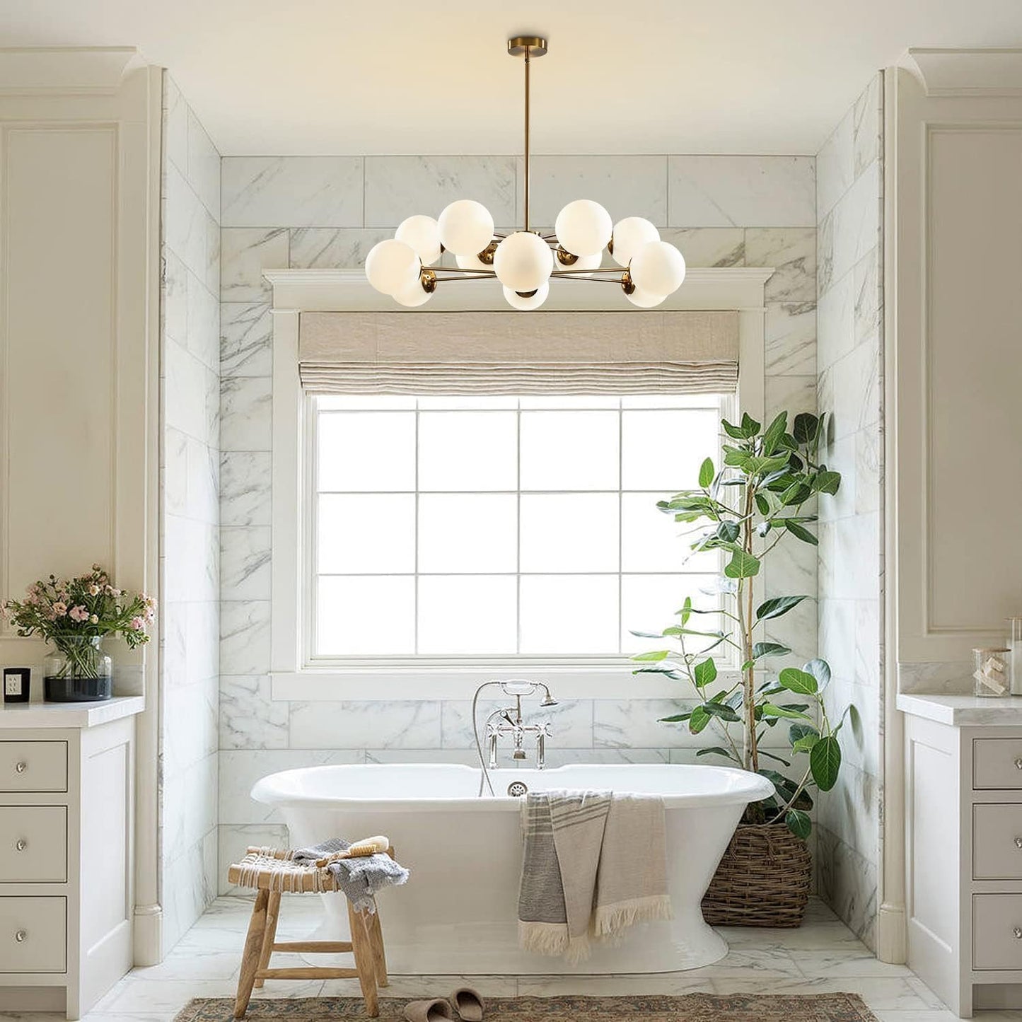 KCO Lighting 12-Light Glass Globe Sputnik Chandelier Light Fixture Mid Century Modern Chandeliers Brushed Brass Chandelier Milk White Glass Ceiling Light Fixture (Gold+White)