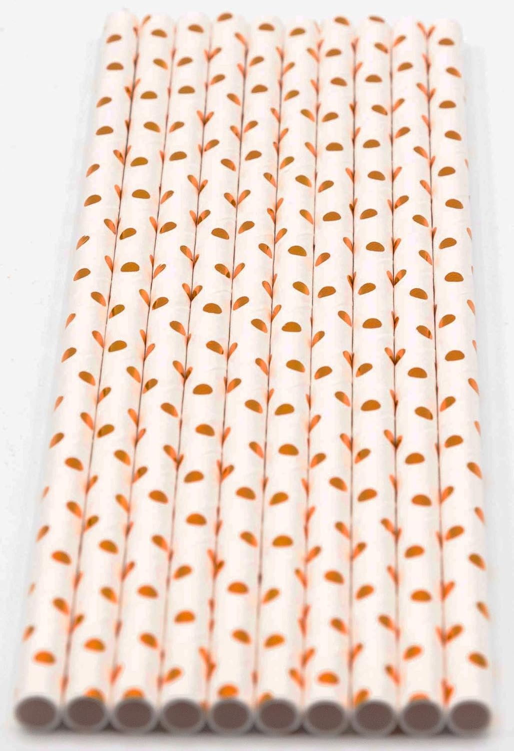 Pack of 300 Rose Gold Polka Dot Foil Biodegradable 4-Ply Paper Drinking Straws (Compostable, Non-toxic, BPA-free)