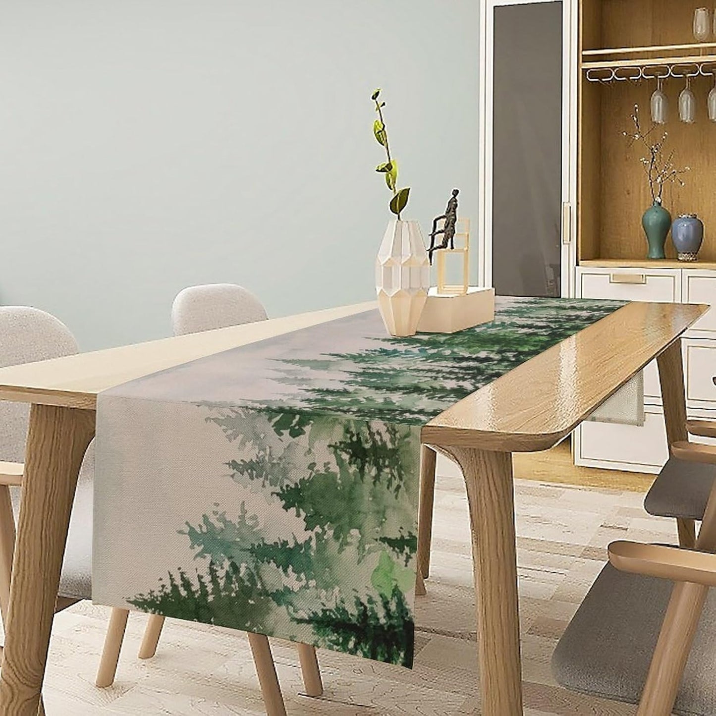 Foggy Forest Table Runner,Green Forest Natural Landscape Table Runner for Kitchen Dining Table Home Party Decoration 13x60 Inch