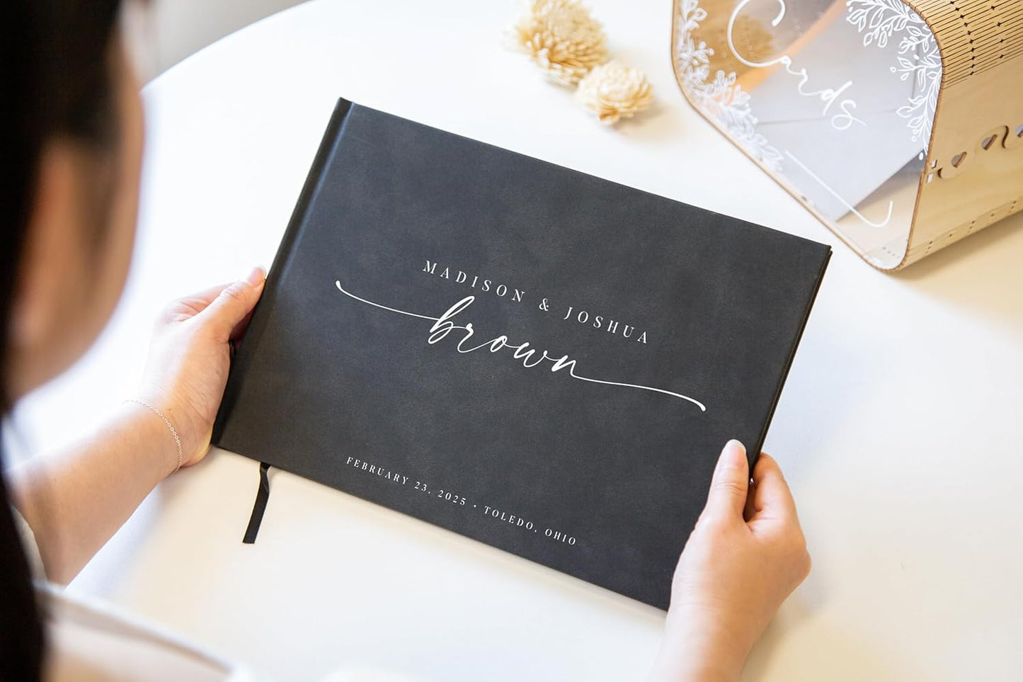 Personalized Guest Book - 11.5" x 8.5" Custom Bride & Groom Names with Bookmark and Hard Cover 140 GSM Blank Pages, for Weddings Guest Book, Engagements, Birthdays, Special Events, Charcoal