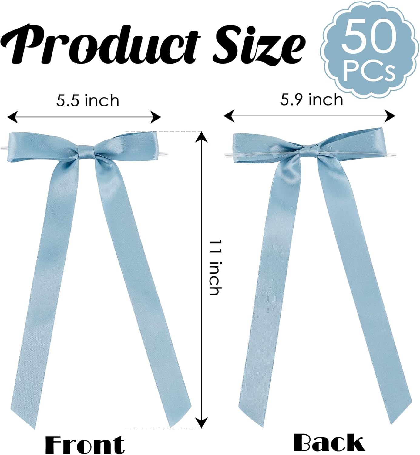50 PCs Dusty Blue Bow Decor 5.5'' Satin Bows with Long Tail, Twist Tie Bows for Craft, Packaging Ribbon Bows, Premade Bows for Cake Decorating, Gift Bows for Treat, Wedding Favor, Party