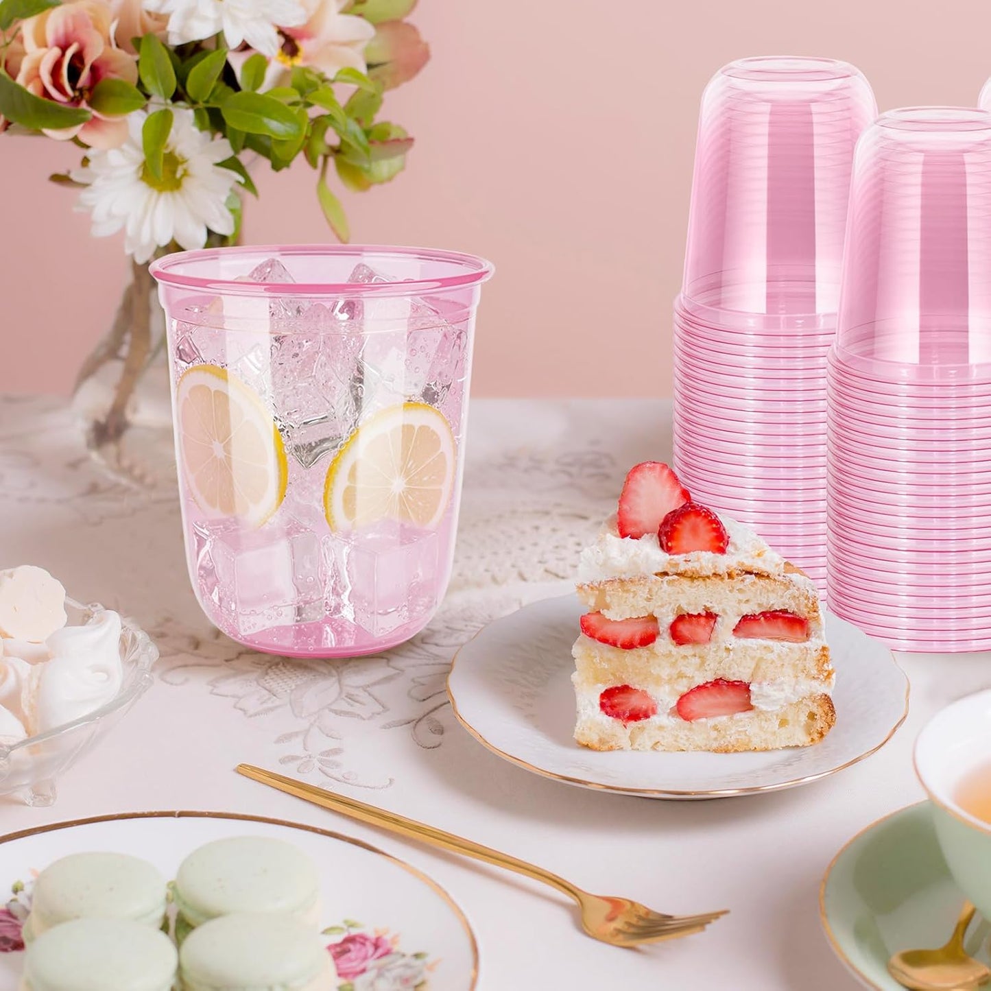 60 Pcs Disposable Stemless Clear Glasses 12 oz NATURAL Arc Crystal Plastic wine glasses Clear Classic Pet Cup for Meeting Weddings Birthdays Cocktail Christmas Party Supplies(Pink)