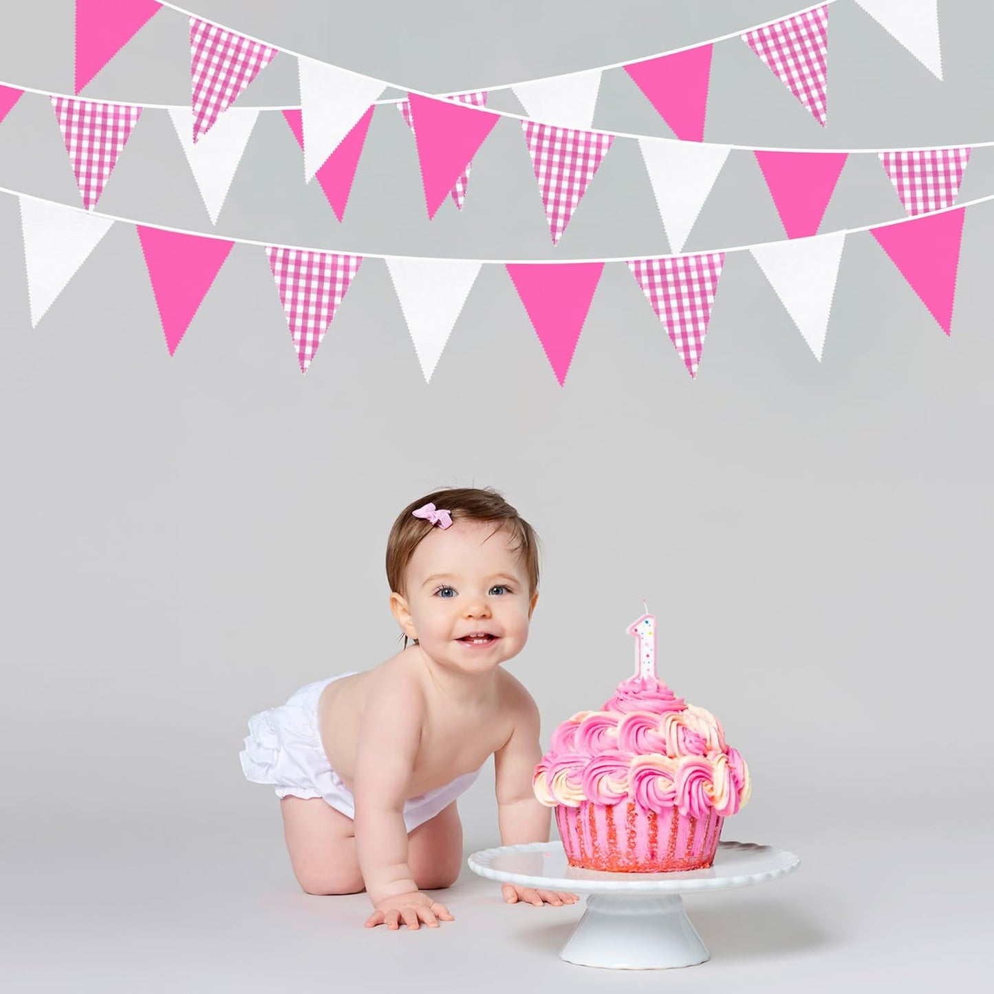32Ft Hot Pink Party Decorations Pink Buffalo Plaid Checkered White Triangle Flag Gingham Pennant Fabric Garland Streamers for Wedding Birthday Baby Shower Anniversary Party Picnic Garden Decor
