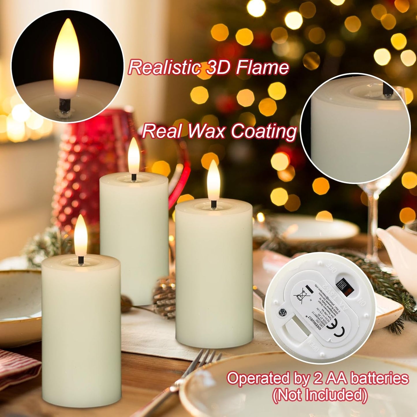 Flameless Candles with Remote Timer, 6 PCS Real Wax LED Votive Battery Operated Candles with 3D Flame, Flickering Pillar Candles for Christmas Home Decororations(Ivory, 4.5” x 1.9”)