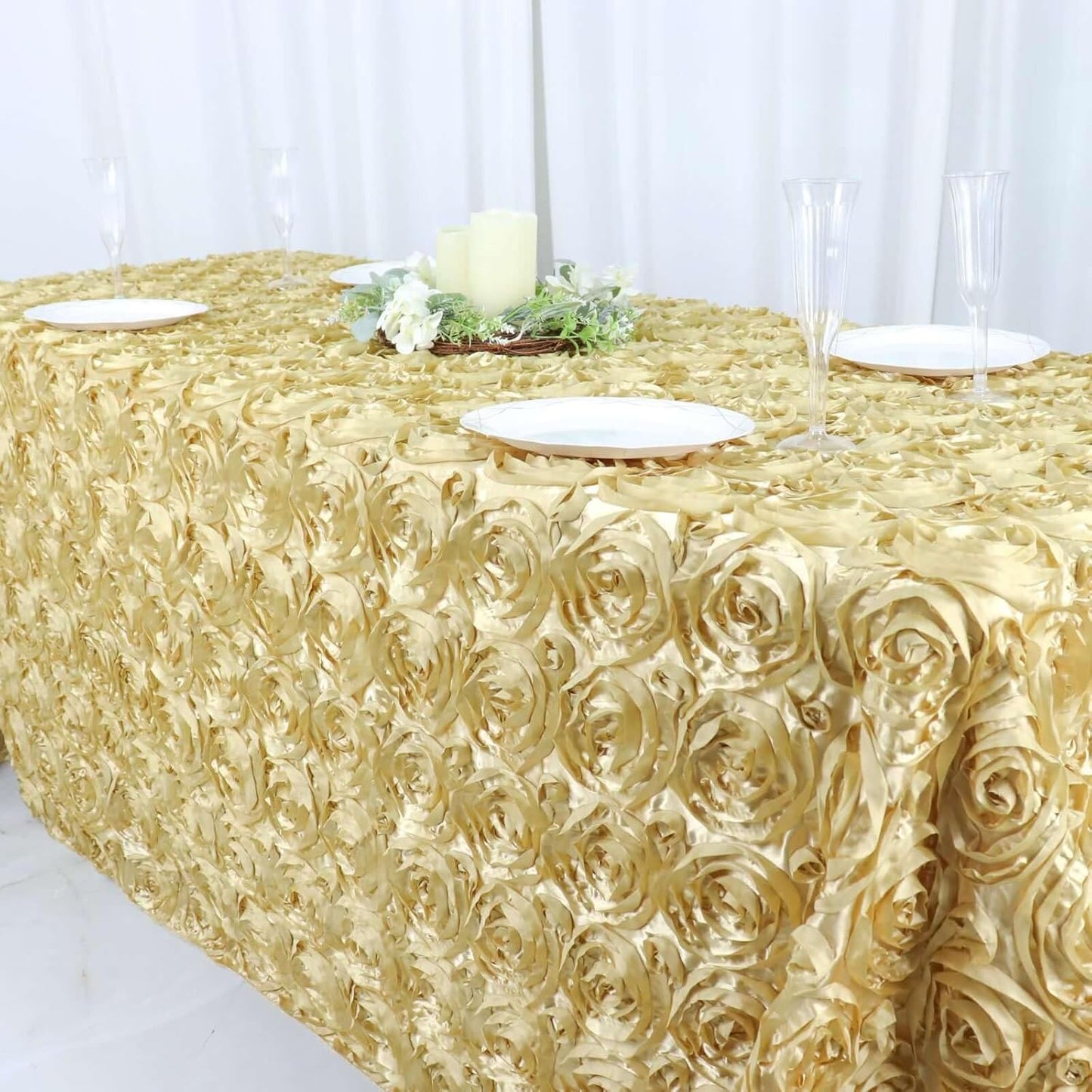 Efavormart 90"x132" Wholesale Rectangle Table Cover Champagne Grandiose Rosette 3D Satin Tablecloth for Wedding Party Event