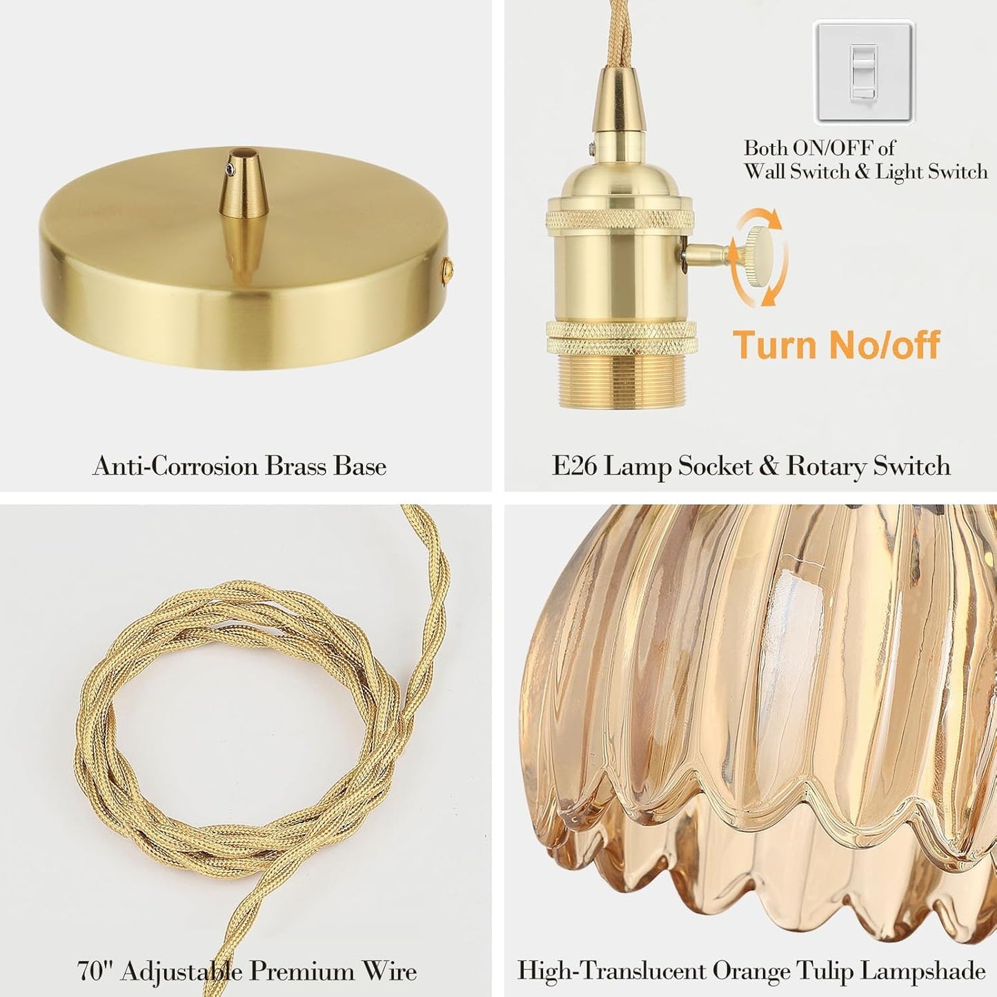 Vintage Gold Pendant Light, Pendant Light Fixtures with 70 Inch Cord and Amber Tulip Glass Lampshade, Ideal for Kitchen Island, Dining Room, Bedroom, Living Room & Entryway (Hardwired)