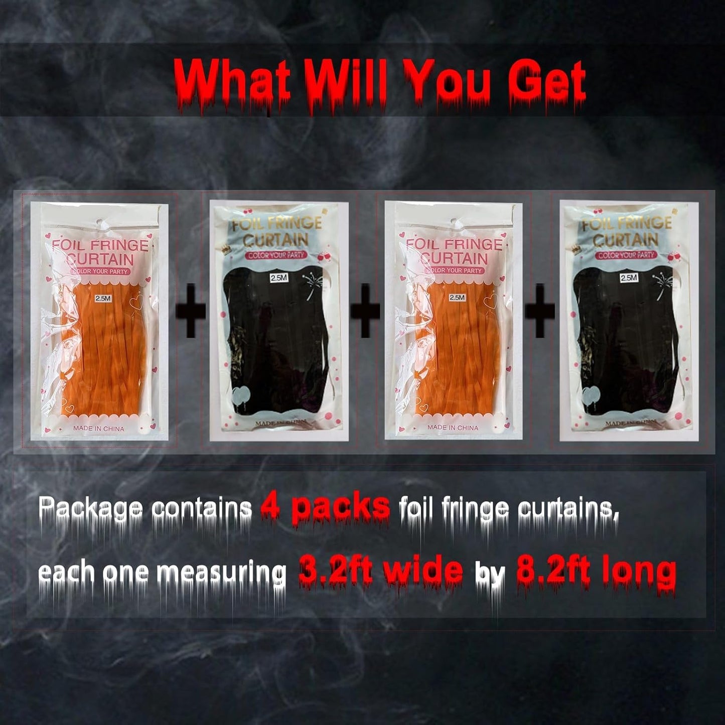 Foil Fringe Curtains-4 Pack of 3.2x8.2ft Orange Black Foil Fringe Curtains for Birthday Halloween Photo Backdrop Party Decorations, Orange and Black Party Streamers for Photo Booth Props