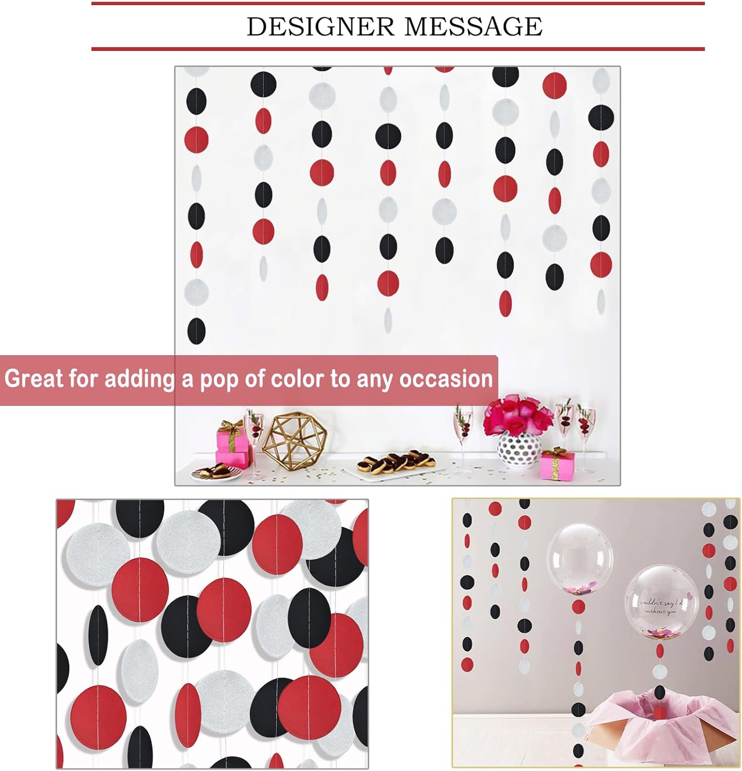 MerryNine Paper Garland 5 Pack, 50ft Glitter Paper Garland Circle Dots Hanging Decor, Banner for Baby Shower, Birthday, Nursery Party Decor (Red Black Silver)