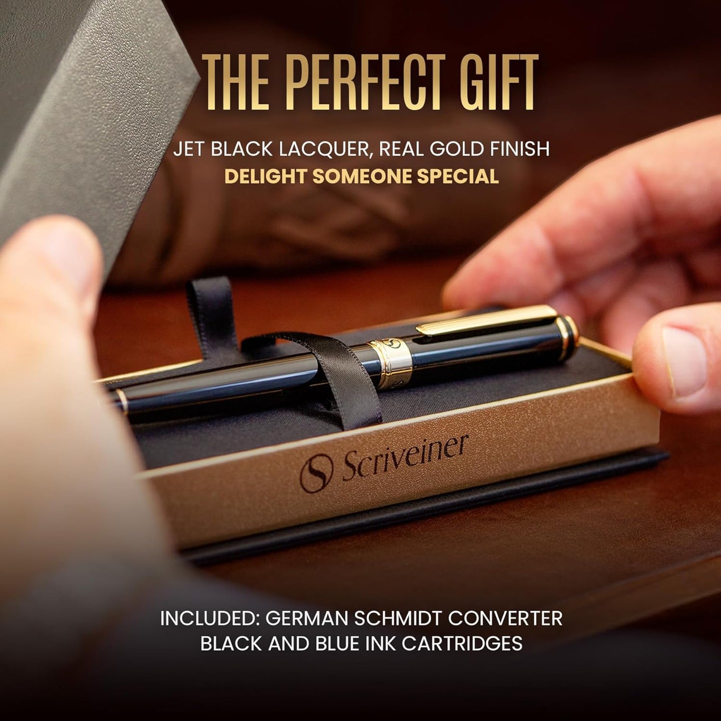 Scriveiner Luxury Fountain Pen - Stunning Luxury Pen, Real Gold Finish, Schmidt Gilded Nib (Medium), Converter, Best Pen Gift Set for Men & Women, Professional, Executive, Office, Nice Pens