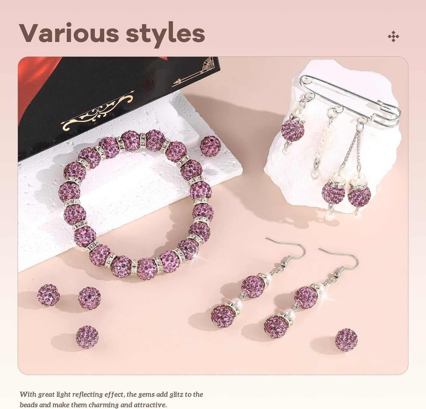 200pcs 10mm Rhinestone Beads for Jewelry Making, Light Purple Shiny Round Disco Beads Bulk, Sparkle Crystal Clay Christmas for Bracelet Baseball Necklace Earring Crafting and DIY