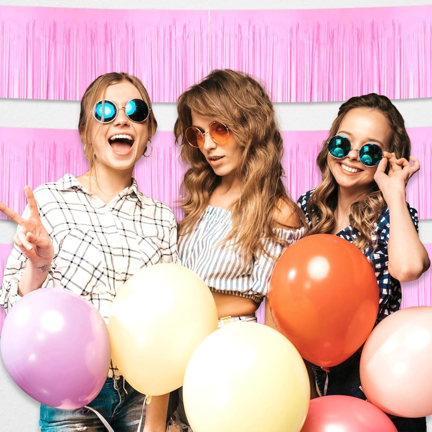 4 Pack 10 Feet Macaron Pink Foil Fringe Garland Metallic Tinsel Streamers Banner Wall Hanging Curtain Backdrop for Parade Floats, Wedding, Graduate, Mother's Day, Birthday Party Decoration