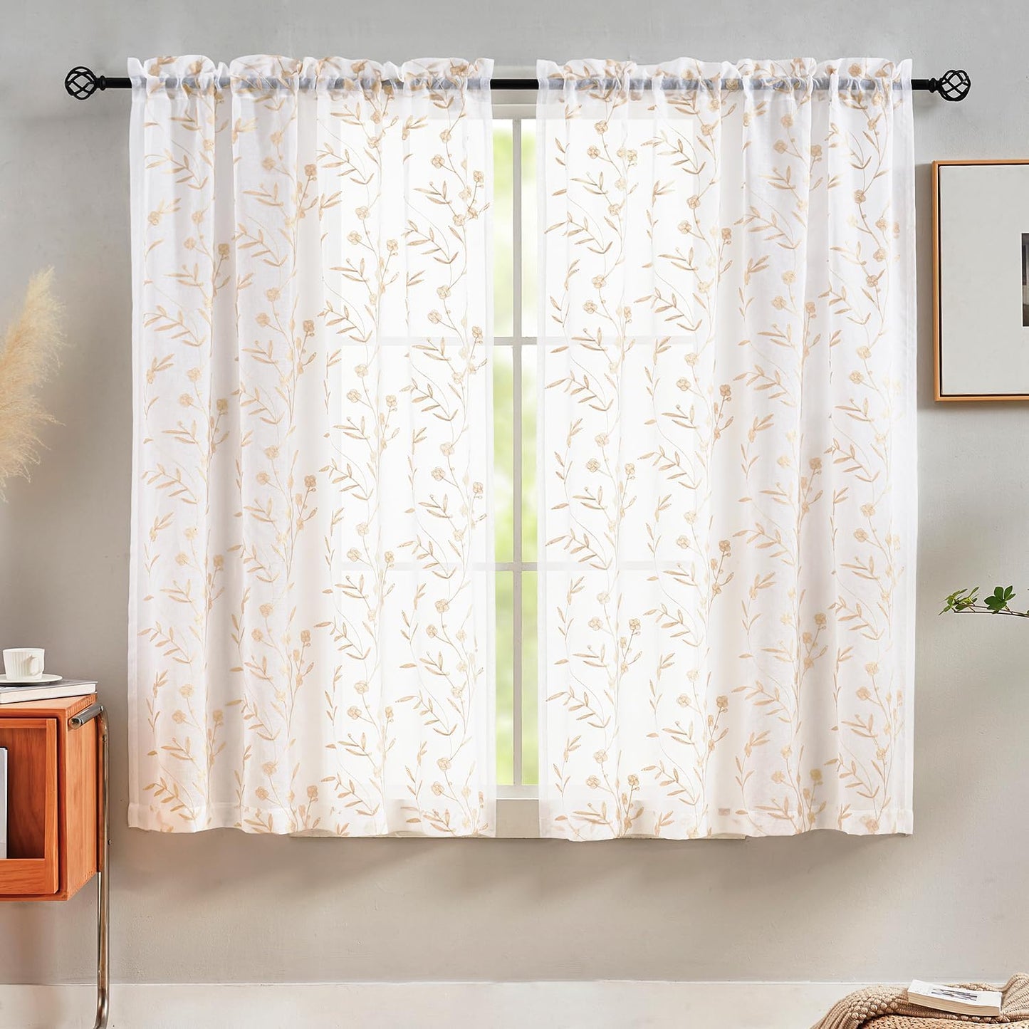 Sheer Curtains 45 Inches White-Beige Floral Embroidery Rod Pocket Voile Drapes for Living room, Bedroom, Window Treatments Lace Outdoor Curtain Panels for Yard, Kitchen, Villa, Set of 2, 52"x 45".