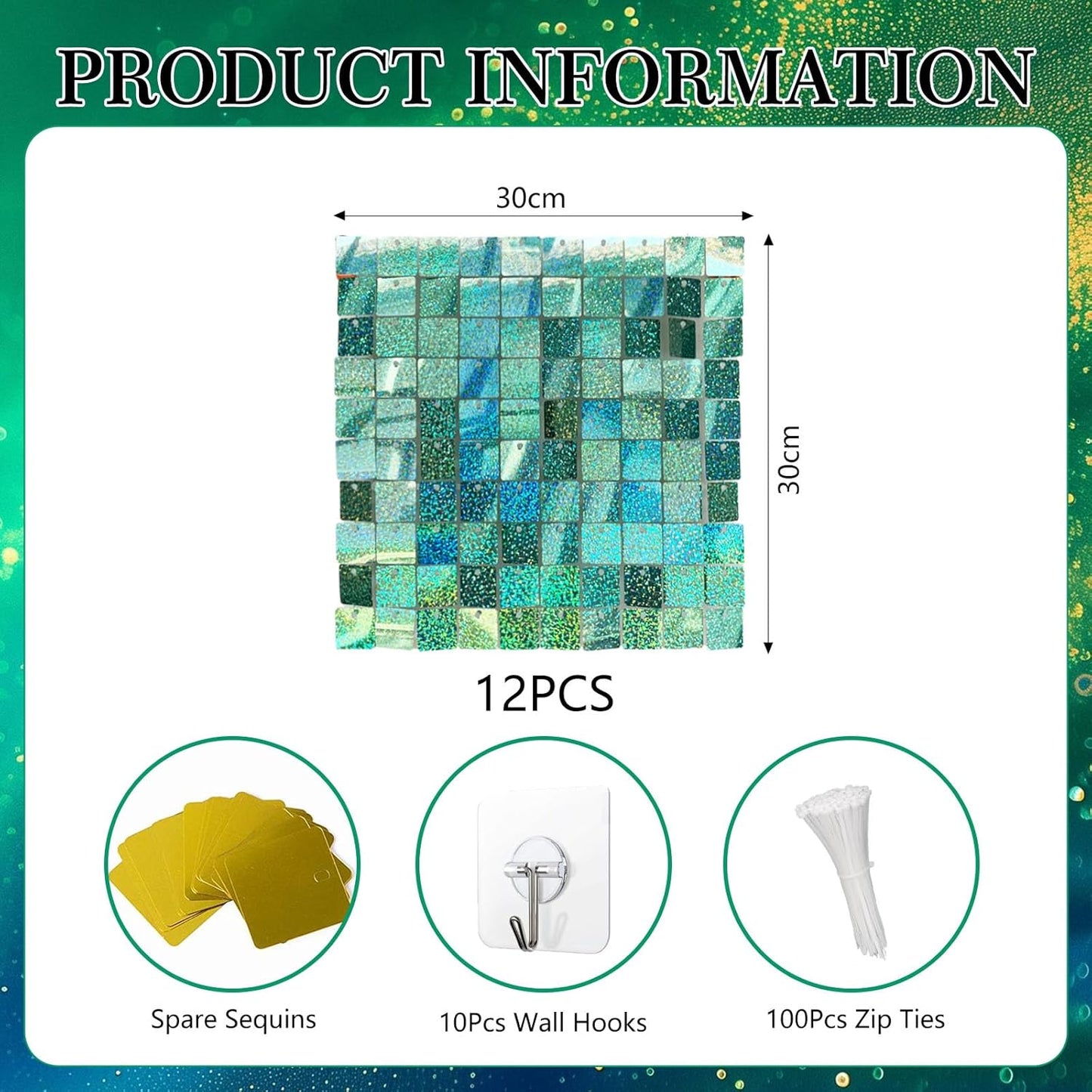 12PCS Light Green Shimmer Wall Backdrop, Laser Square Sequin Photo Backdrops Panel, Glitter Wall Background for Birthdays, Weddings, Christmas, Engagements, Disco Bachelorette Party Decor (3FTx4FT)