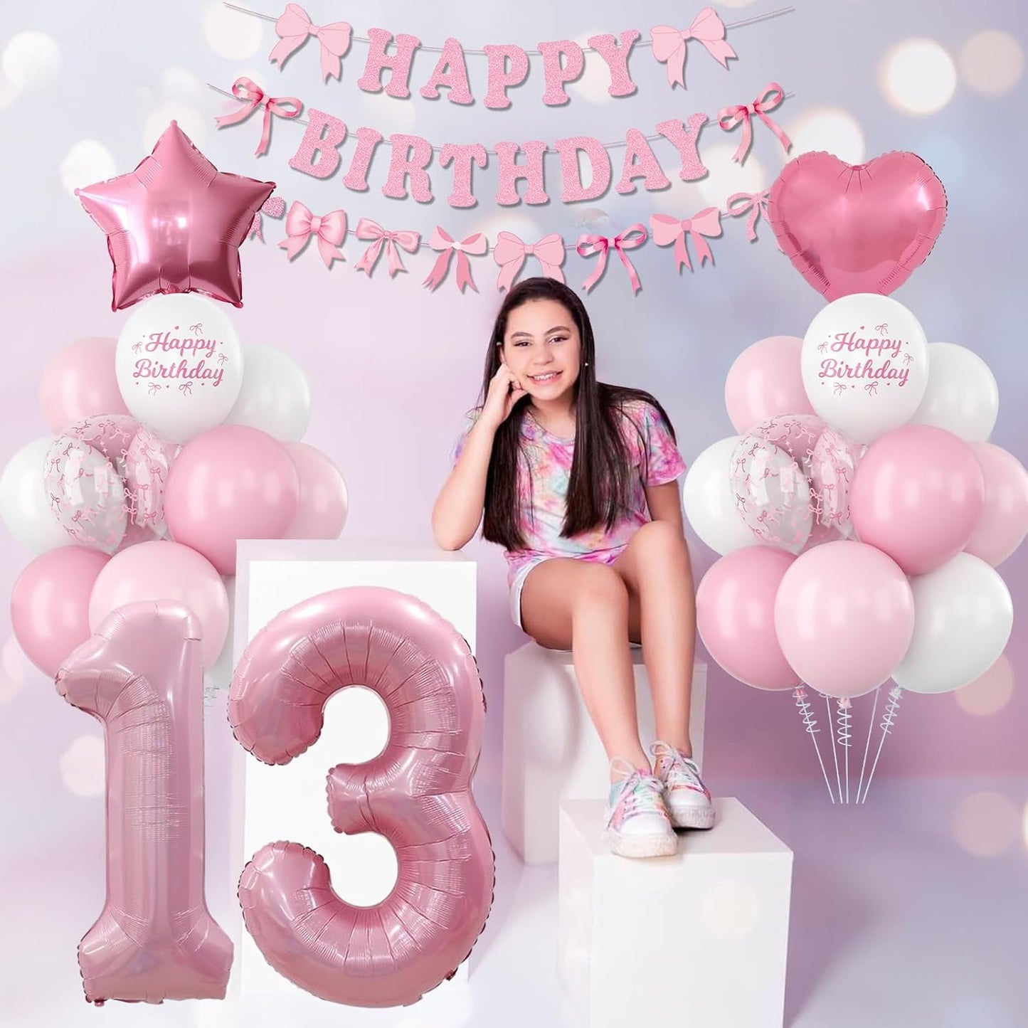 13th Birthday Decorations for Girls Pink Number 13 Balloon Bow Coquette Happy Birthday Banner Fringe Curtain Paper Pom Poms Star Heart Foil Pink White Balloons 13 Year Old Party Decor