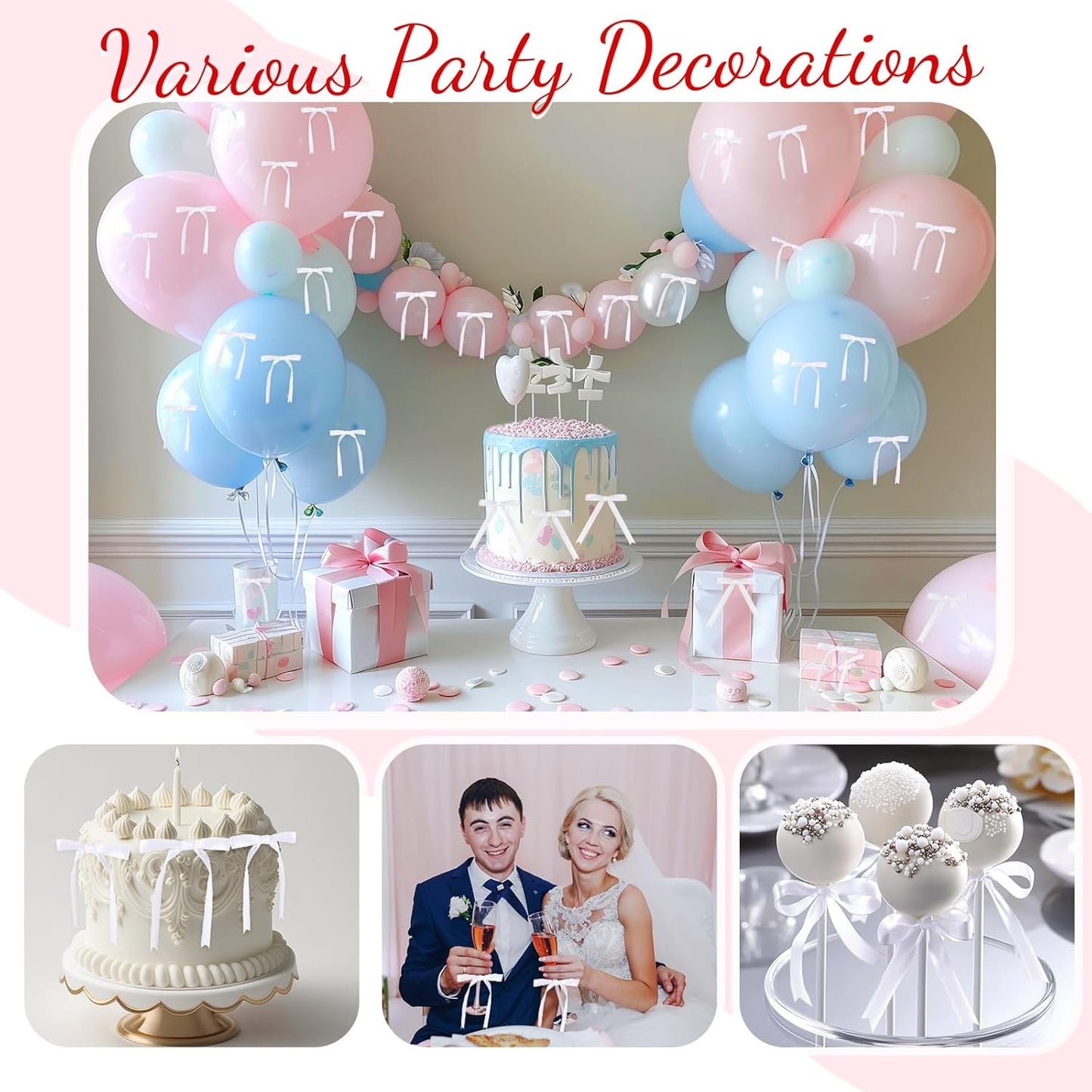 Riceshoot 50 Pcs Twist Tie Bows for Cake 3x4.5 Inch Satin Ribbon Bows for Gift Wrapping Treat Bags Craft DIY Wedding Baby Shower Birthday Party(White)