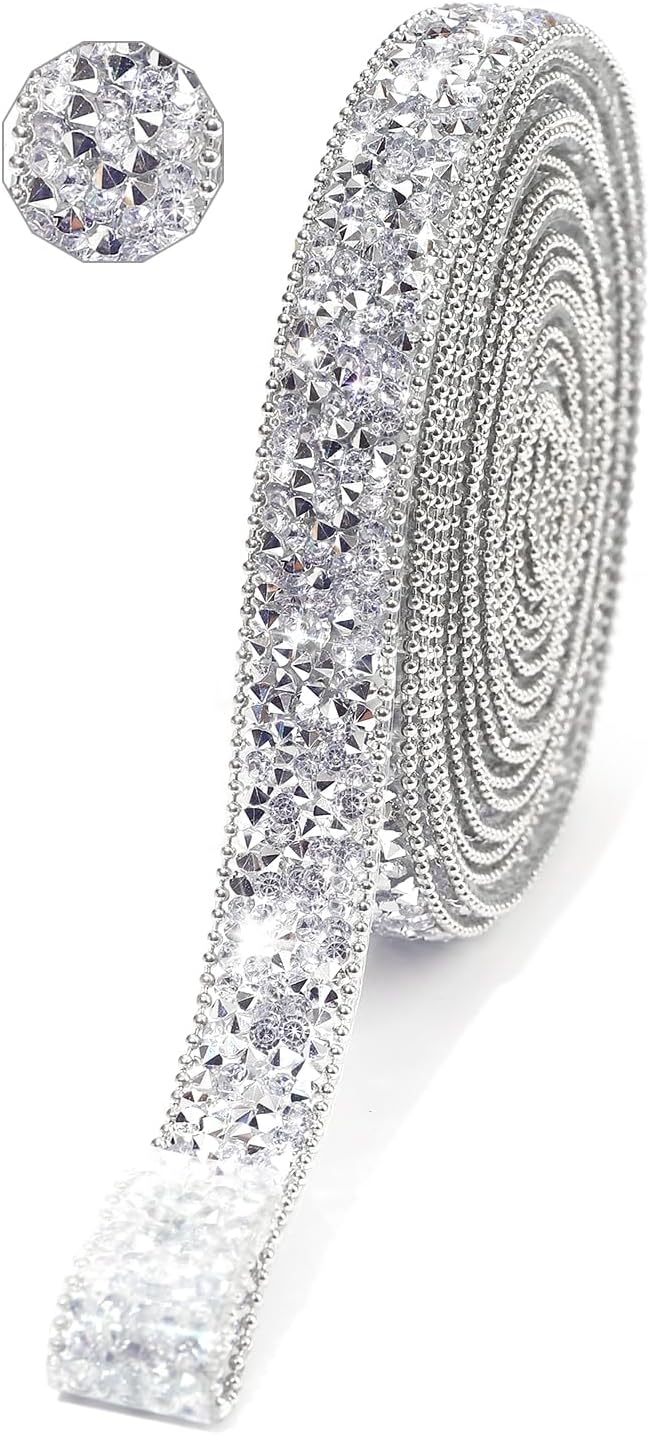 Rhinestone Ribbon 3 Yards Self Adhesive Rhinestone Strips Diamond Ribbon Sticker Crystal Roll Glitter Bling Rhinestones Tape for Crafting DIY Art Decoration (Silver,0.6 Inch)