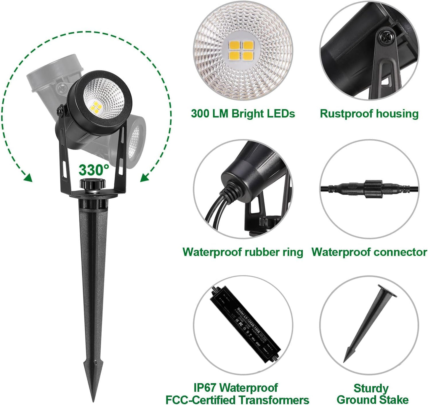 Outdoor Landscape Lighting, 4 Pack LED Outdoor Spot Lights with Transformers, 12V Warm White Low Voltage Landscape Lights IP65 Waterproof Plug in Spotlight for Yard House Pathway Tree Pools