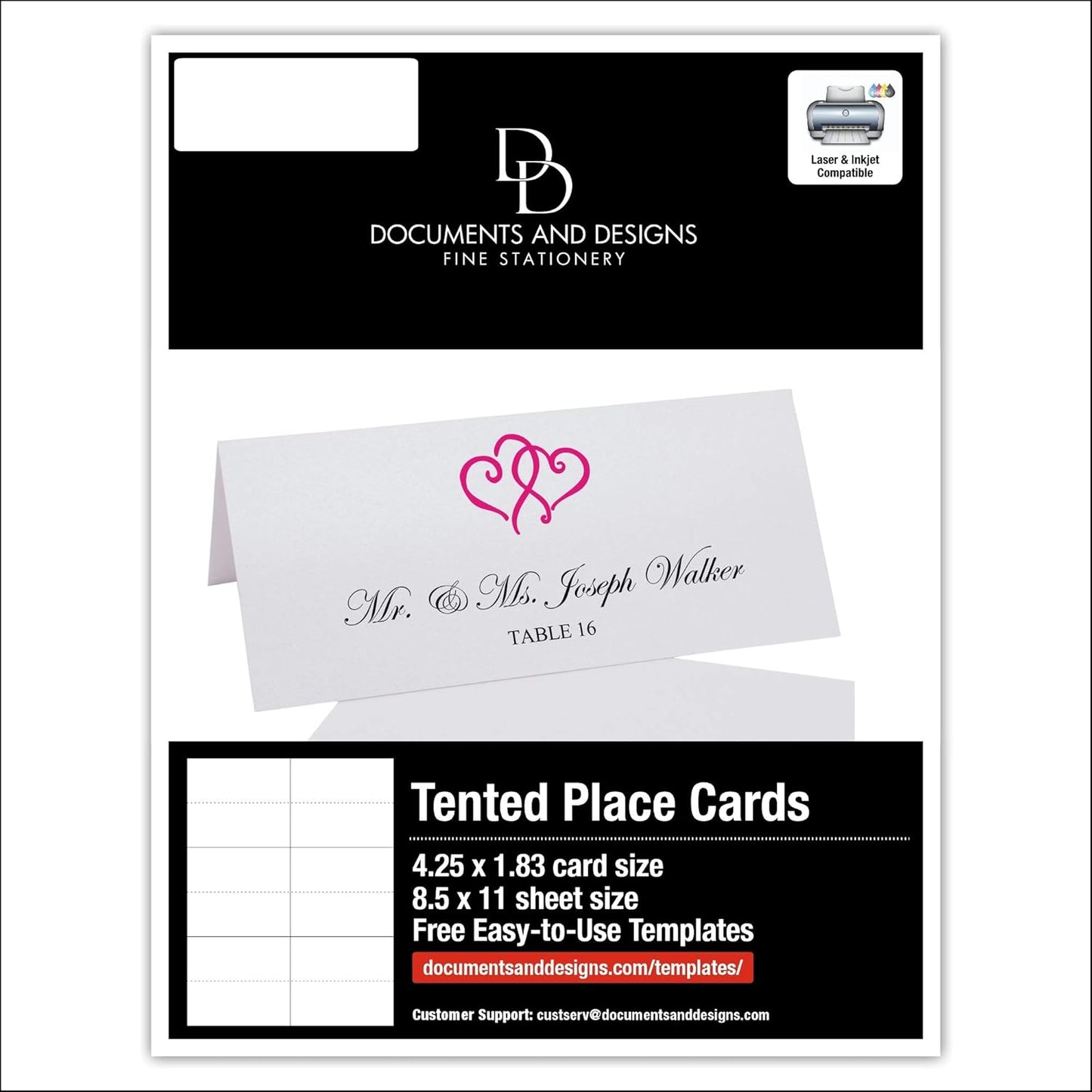 Linked Hearts Printable Place Cards, Fuschia (Choose Color), Set of 150 (25 Sheets), Laser & Inkjet Printers - Wedding, Party, Dinner, and Special Events - Made in the USA