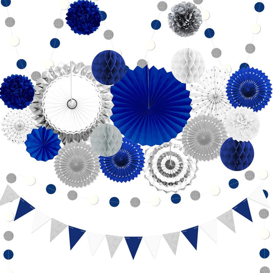 Blue and Sliver Party Decorations, 23Pcs Blue Birthday Decorations with Hanging Paper Fans, Pom Poms Flowers Packs for Graduation Party,Boy Birthday, Baby Shower
