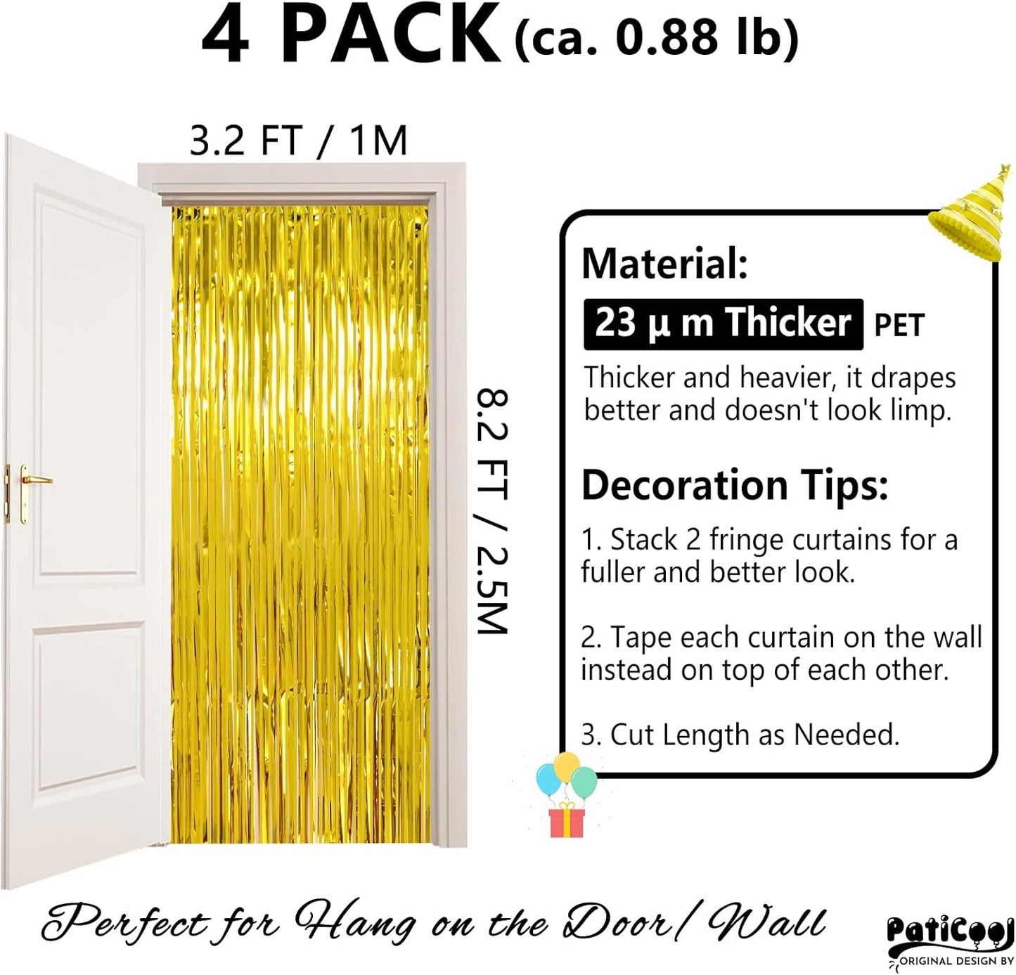 Gold Streamers Graduation Decorations - Thicken 4 Pack 3.2 x 8.2 FT - Golden Tinsel Foil Fringe Backdrop Curtains Party Backdrop for Birthday, Prom, Hollywood, Anniversary Party Decorations