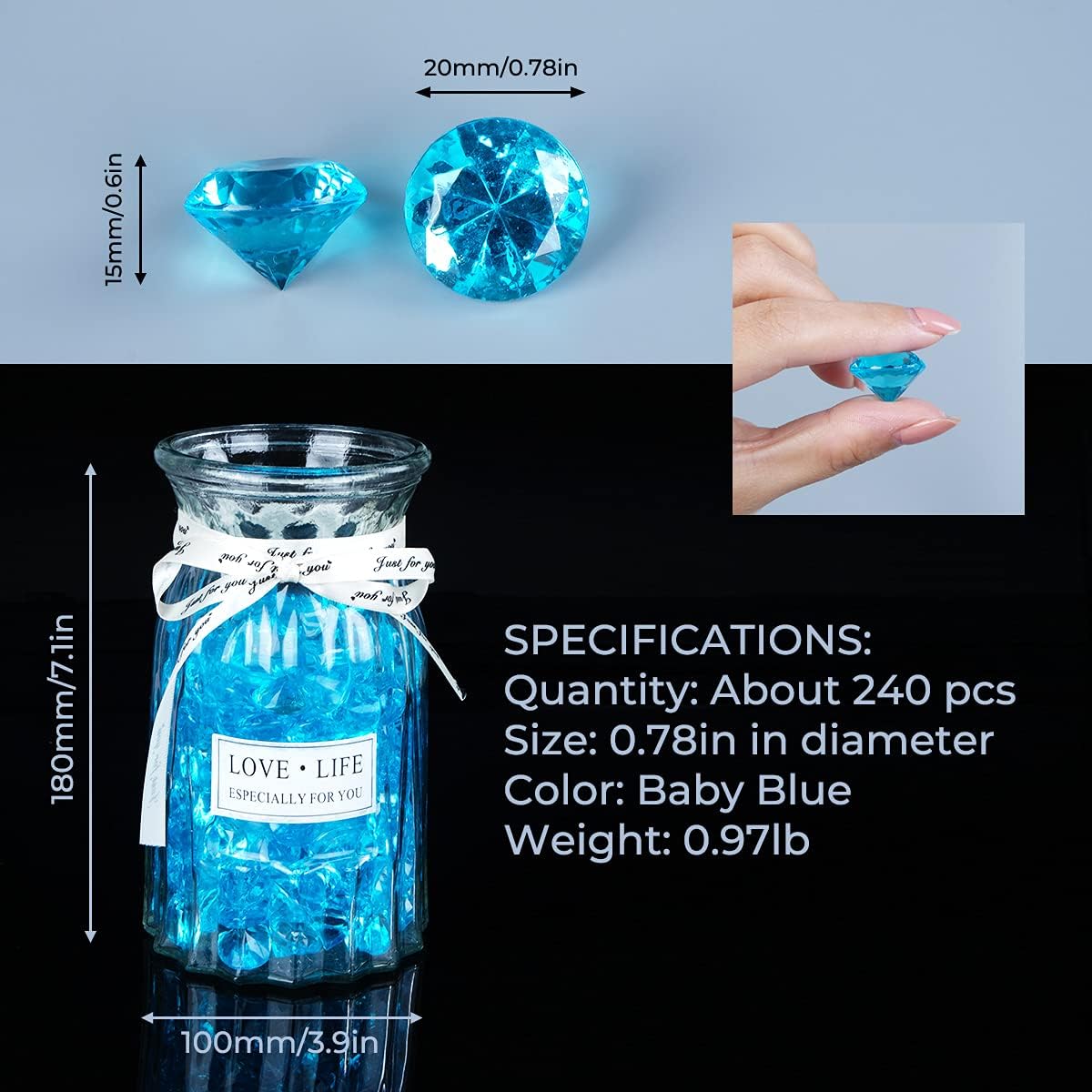 Acrylic Diamond Fake Gems Vase Filler, Babenest 240pcs 3/4 Inch Faux Diamonds Crystals Jewels for Table Scatters Wedding Party Event Arts & Crafts Birthday Decoration Favor (Baby Blue)
