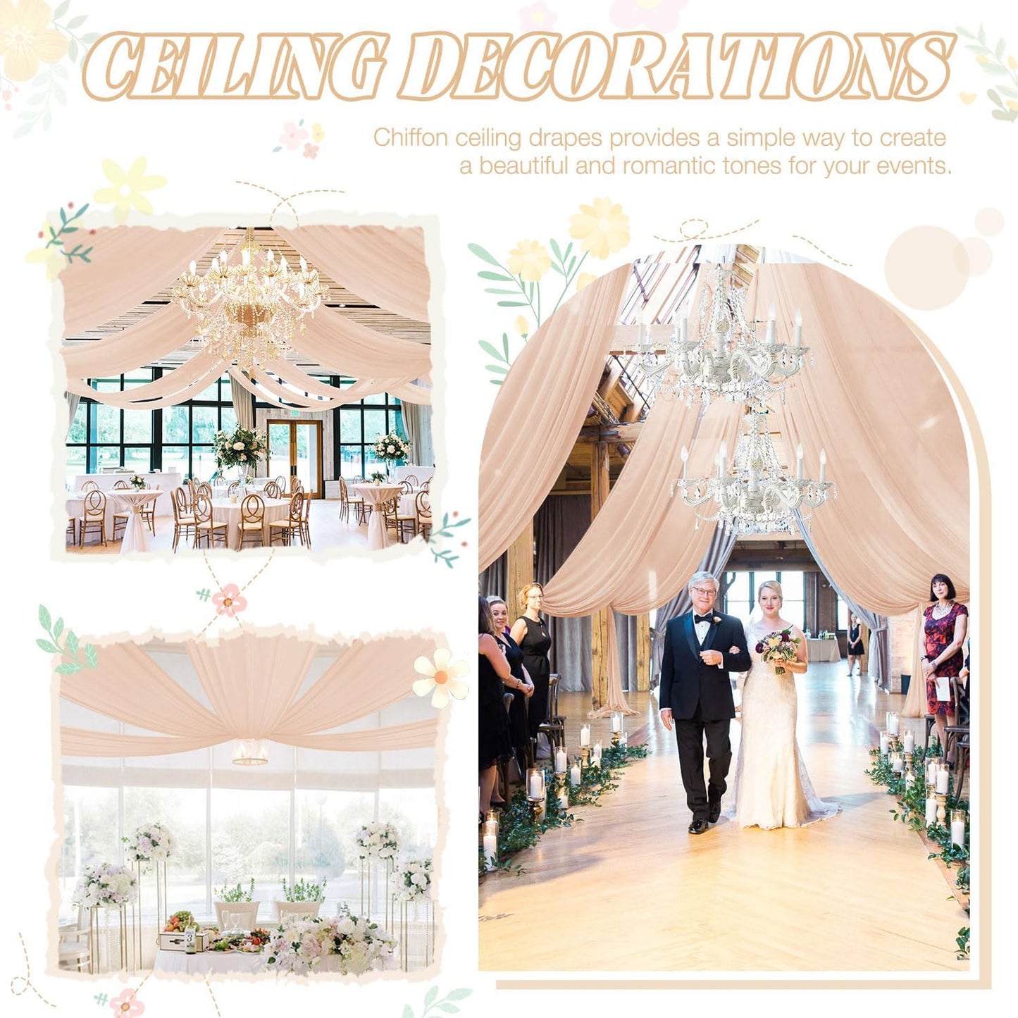 Wedding Arch Draping Fabric 5FTx20FT 2 Panels Ceiling Drapes Champagne Party Decorations Chiffon Backdrop Swag Curtains Sheer Fabric Wedding Arch Drapery Ceiling Tent Drape Decor for Altar Stage