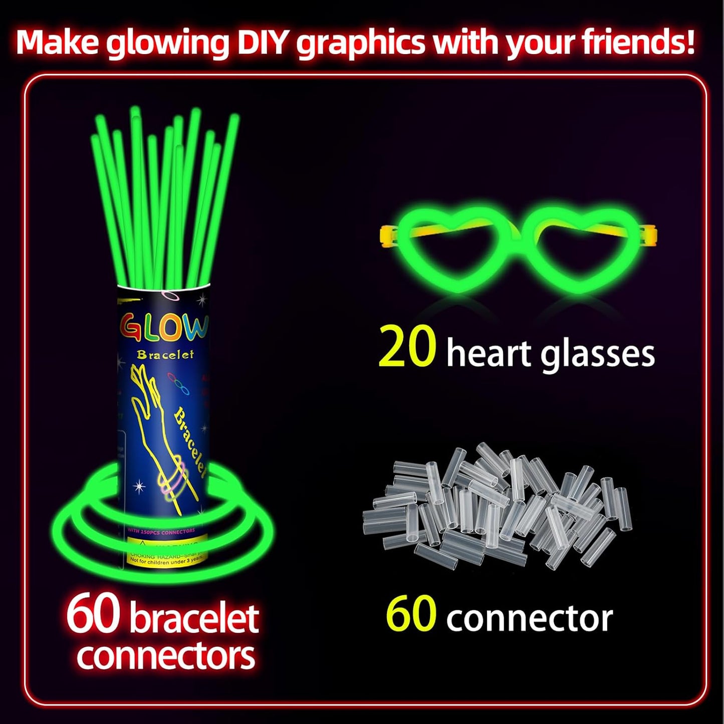 60 Pack 8” Green Glow Sticks Bulk Bright Glow Sticks with 60 Connectors 20 Heart Glasses Glow In The Dark Party Supplies Neon Party Decorations Glow Bracelet Glasses for Carnival (Green)